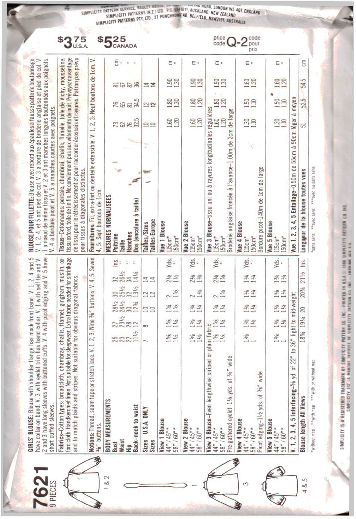 Simplicity 7621 Girl's Blouse Size: 7 or 8 or 12 or 14 Uncut Sewing Pattern - Image 2