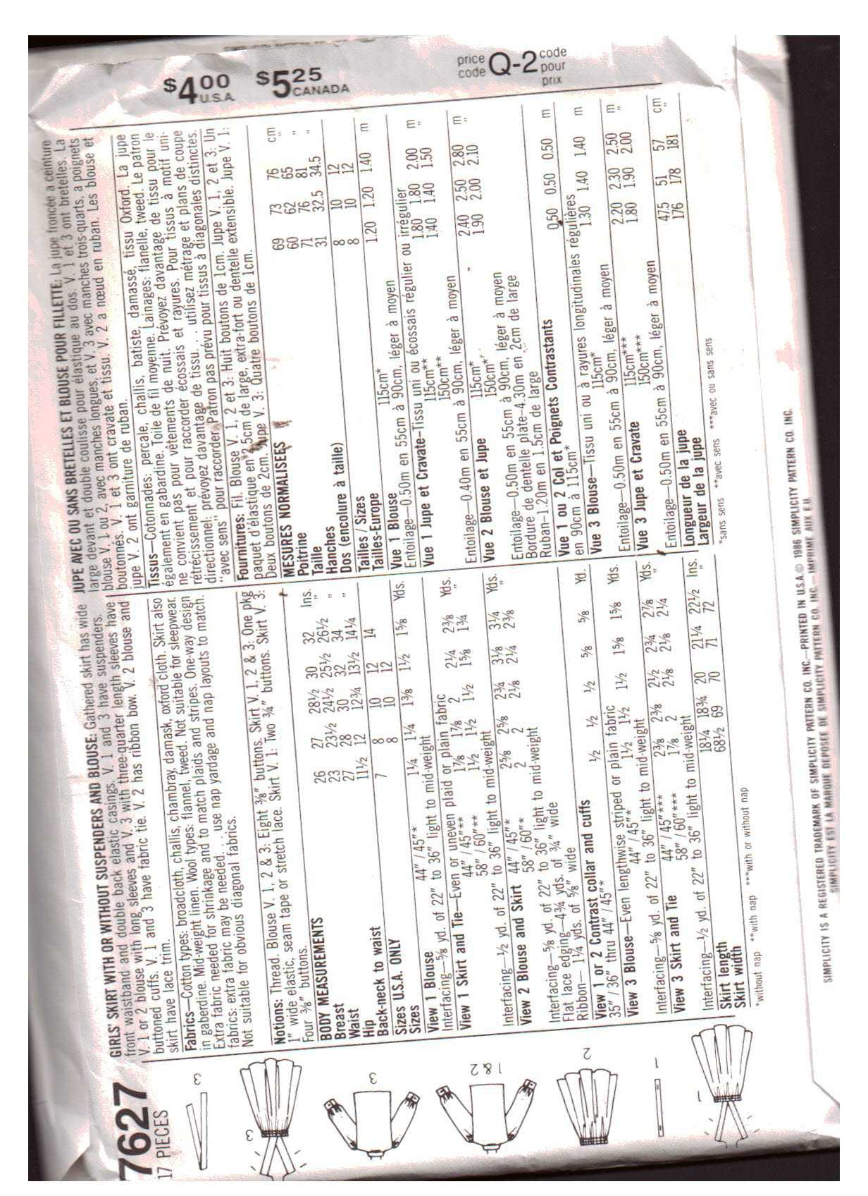 Simplicity 7627 Girl's Skirt with or without suspenders, Blouse Size: 8 Uncut Sewing Pattern - Image 2