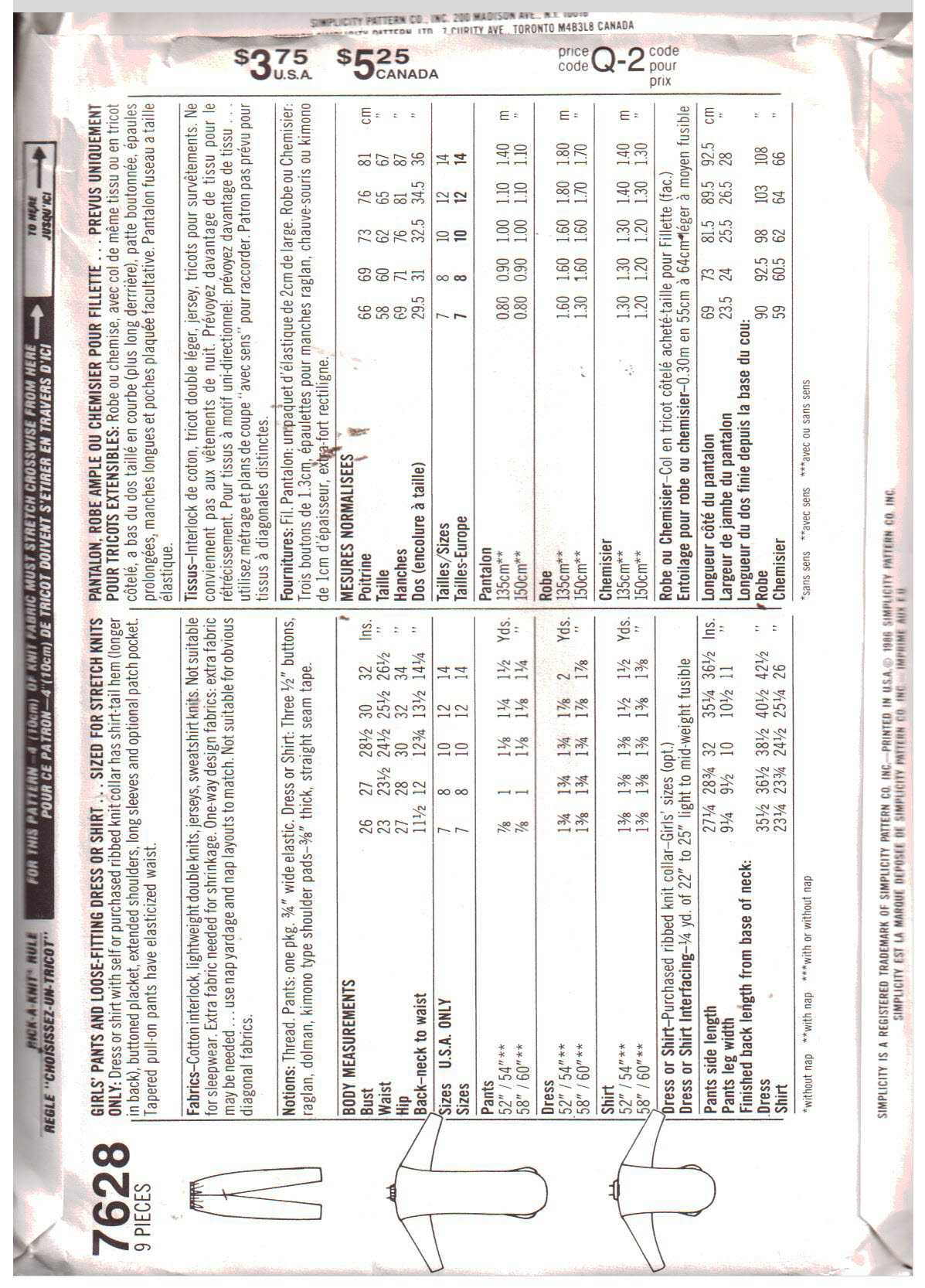 Simplicity 7628 Girl's Pants, Dress, Shirt Size: H 7-8-10 or N 10-12-14 Uncut Sewing Pattern - Image 2