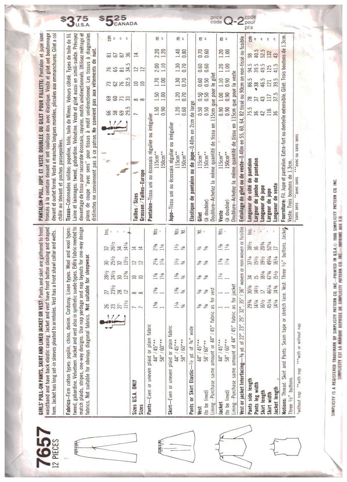 Simplicity 7657 Girl's Pants, Skirt, Jacket, Vest Size: 7 or 8 or 10 or 12 or 14 Uncut Sewing Pattern - Image 2