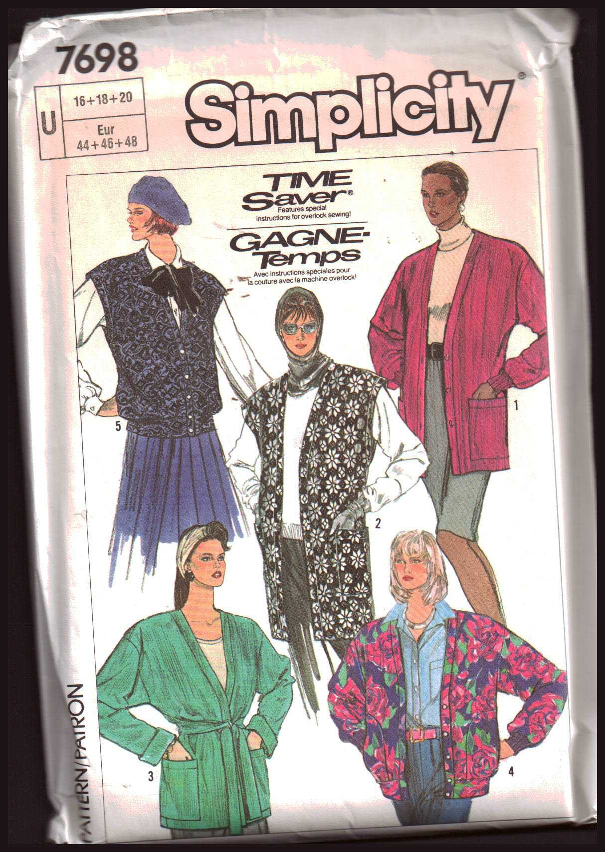 Simplicity 7698 Cardigan, Vest Size: U 16-18-20 Uncut Sewing Pattern