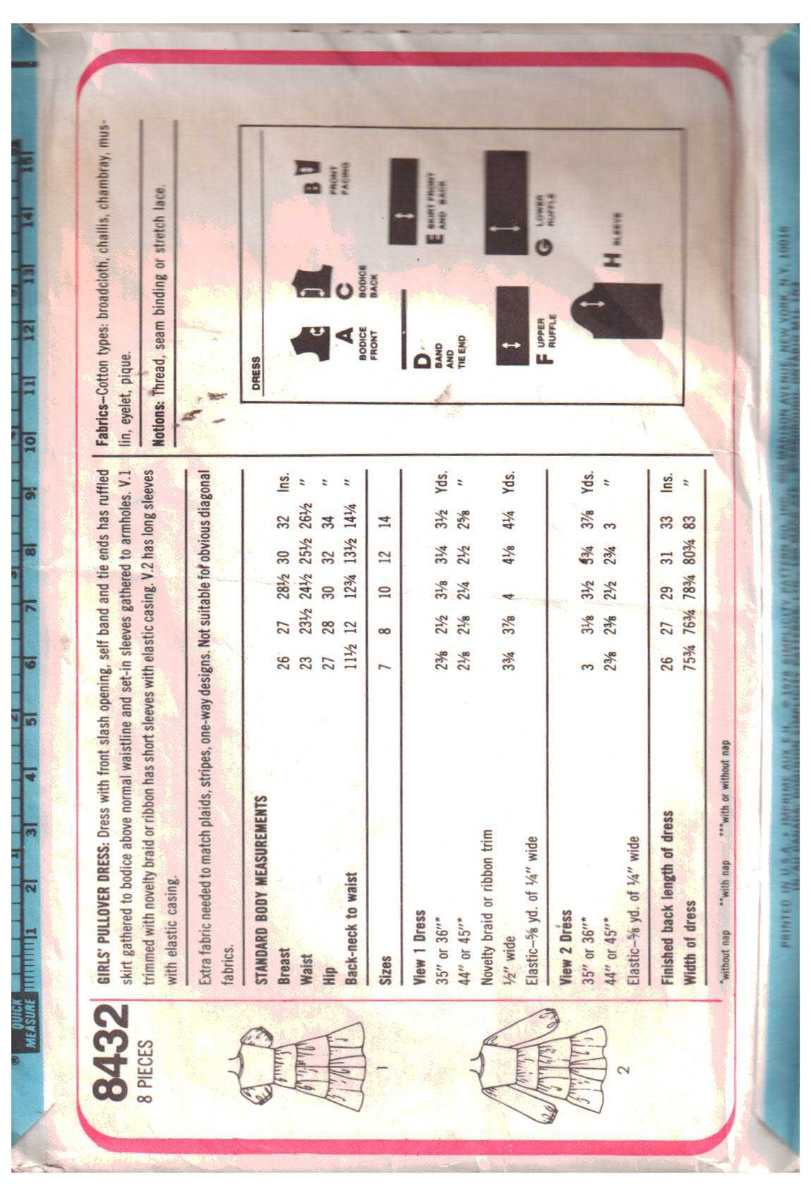 Simplicity 8432 Girl's Dress Size: 7-8 Used Sewing Pattern - Image 2