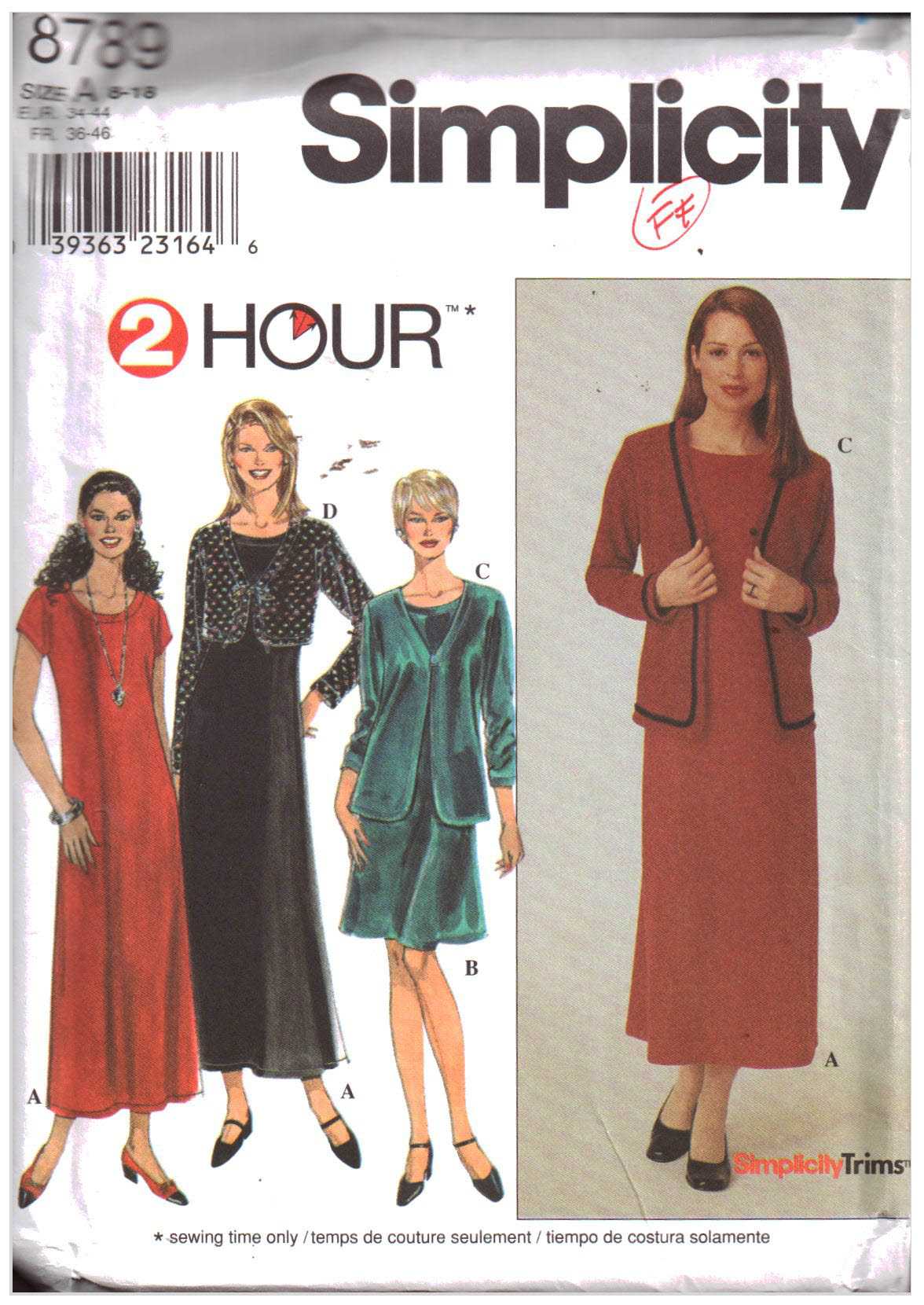 Simplicity 8789 Dress, Jacket Size: A 8-18 Uncut Sewing Pattern
