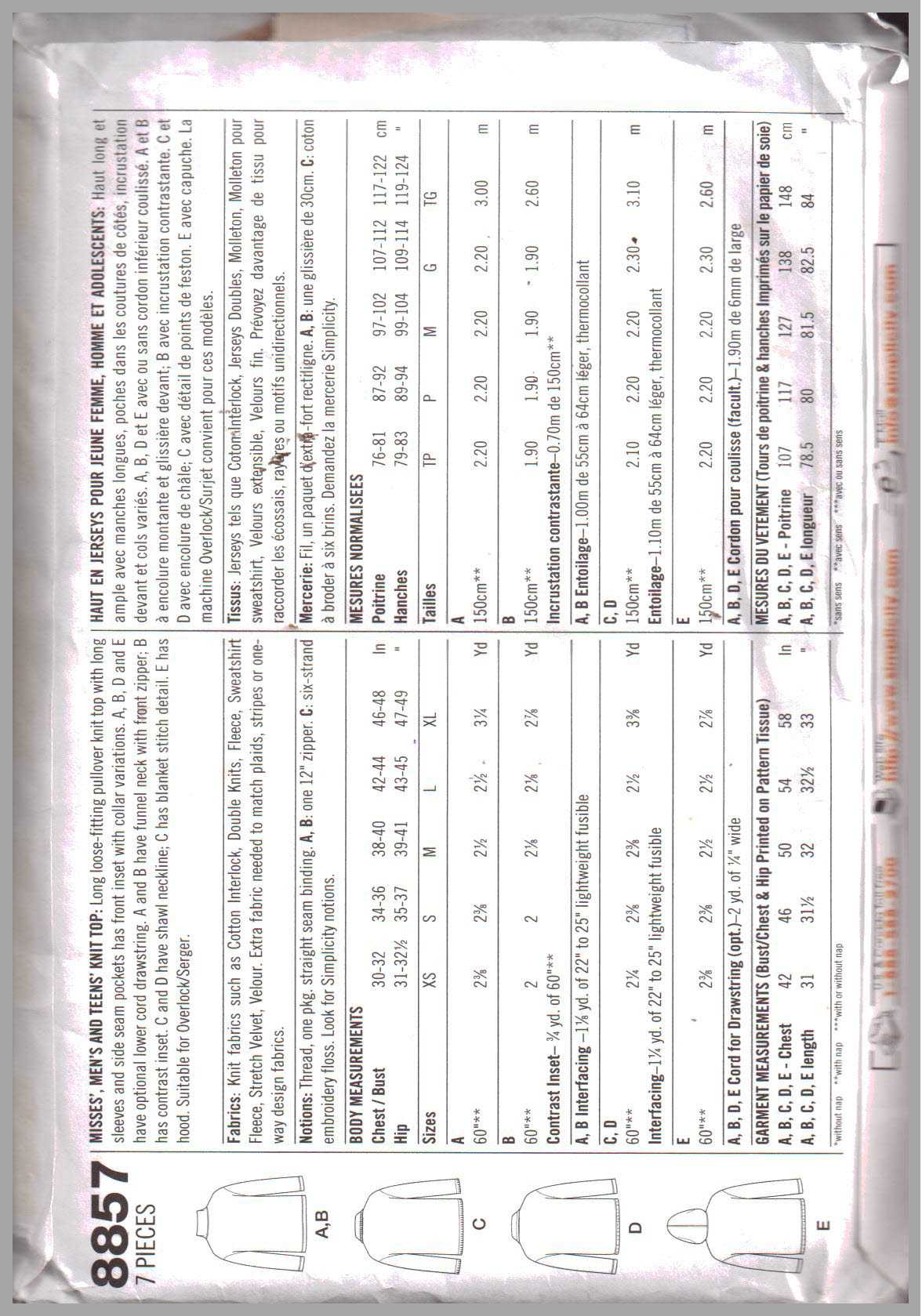 Simplicity 8857 Unisex Jacket Size: AA XS-S-M or BB L-XL Used Sewing Pattern - Image 2