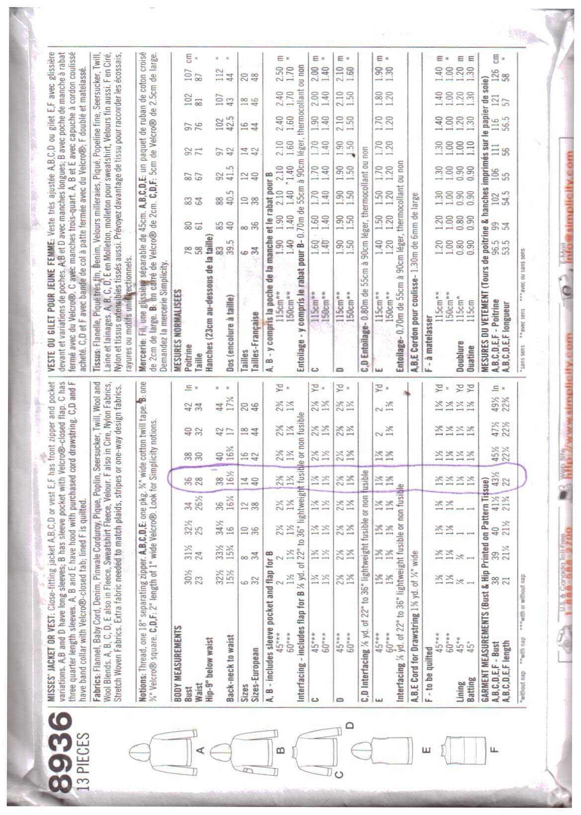 Simplicity 8936 Jacket, Vest Size: HH 6-12 Used Sewing Pattern - Image 2