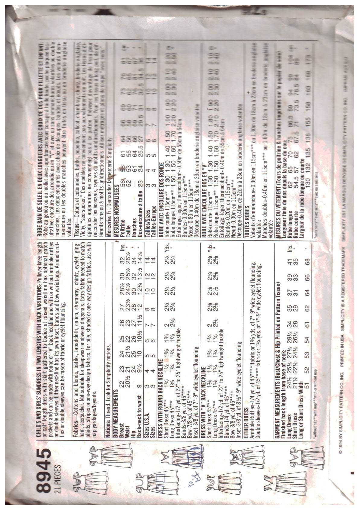 Simplicity 8945 Girl's Dress Size: HH 3-6 Used Sewing Pattern - Image 2