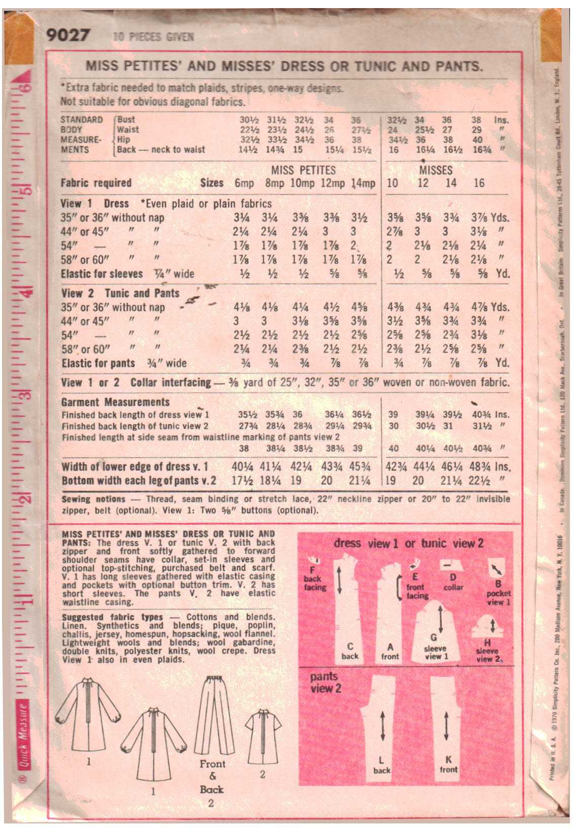 Simplicity 9027 Dress, Tunic, Pants Size: 10 Bust 32.5 Used Sewing Pattern - Image 2