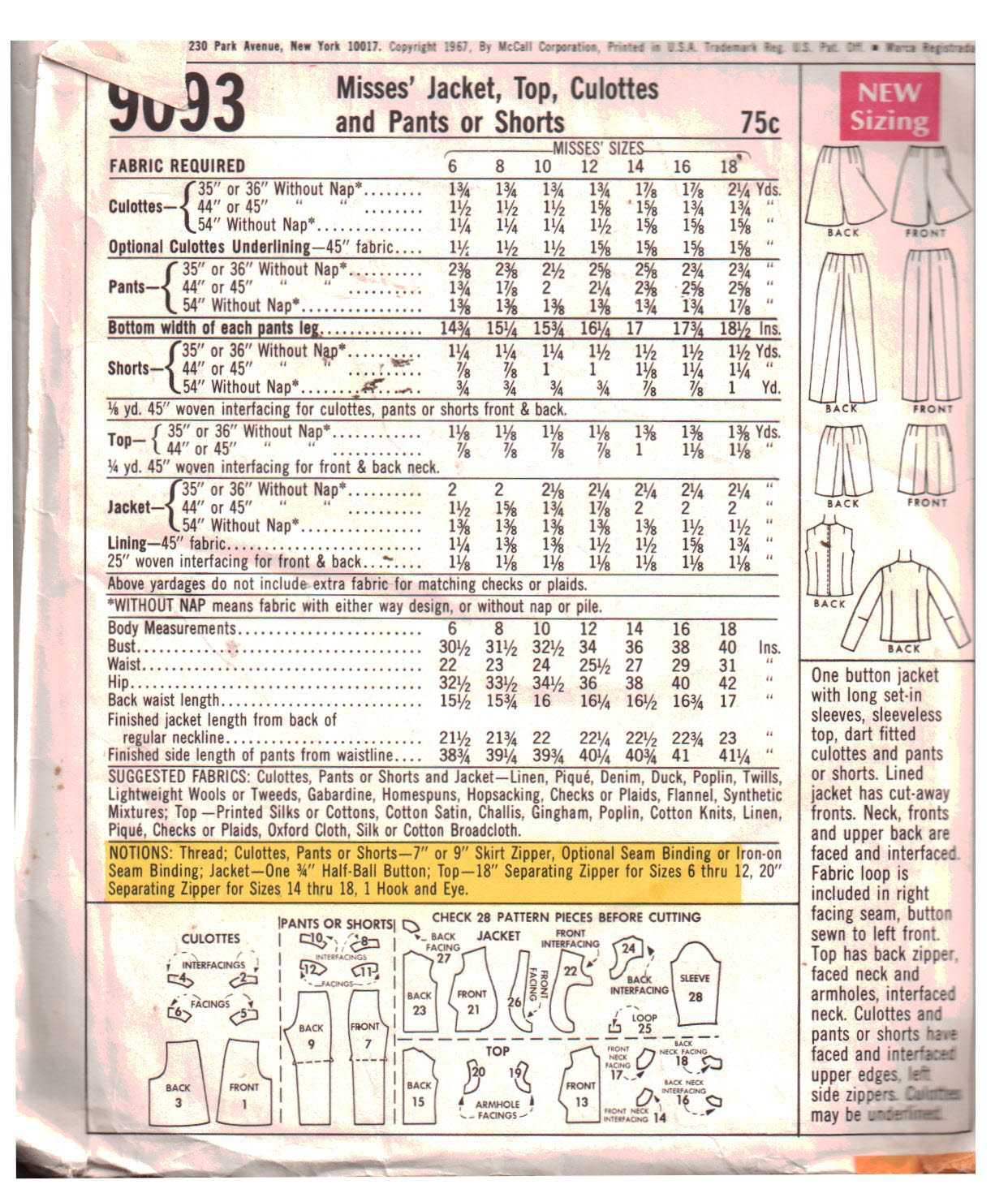 Simplicity 9093 Jacket, Top, Culottes, Pants, Shorts Size: 12 Bust 34 Used Sewing Pattern - Image 2