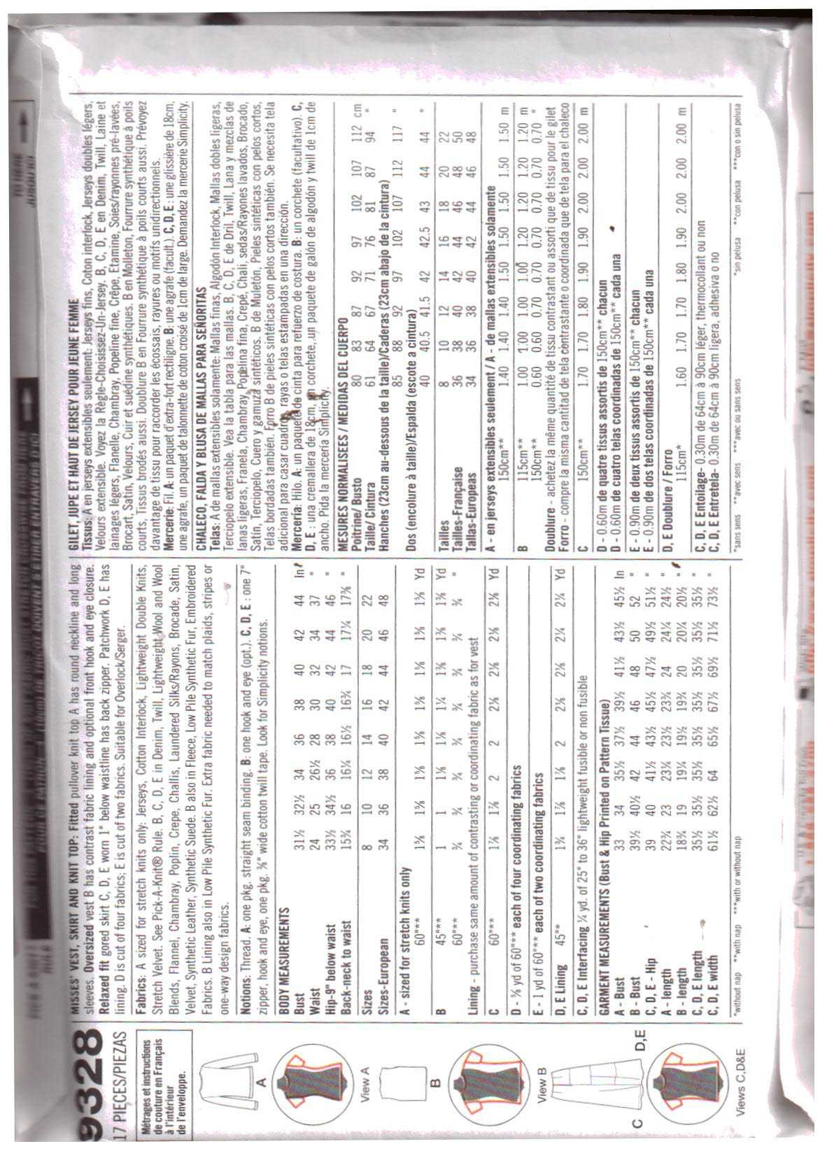 Simplicity 9328 Vest, Skirt, Top Size: KK 8-14 Uncut Sewing Pattern - Image 2