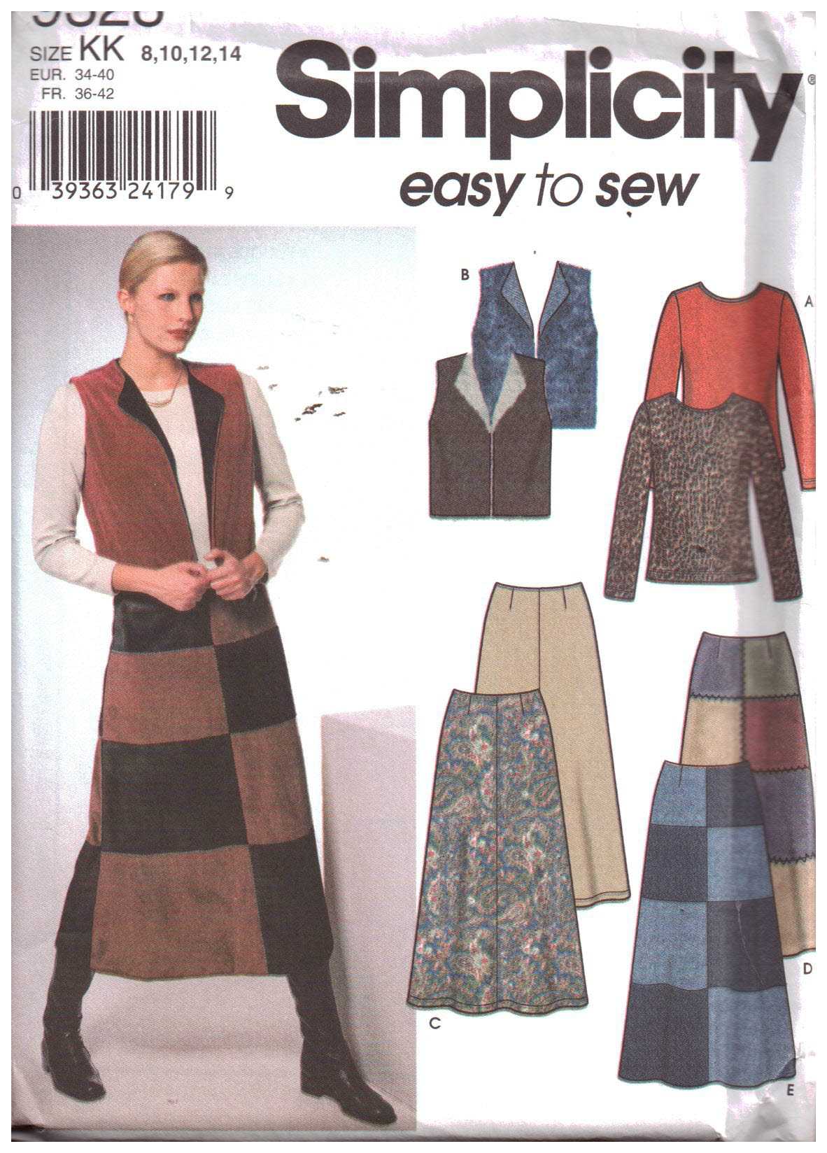 Simplicity 9328 Vest, Skirt, Top Size: KK 8-14 Uncut Sewing Pattern