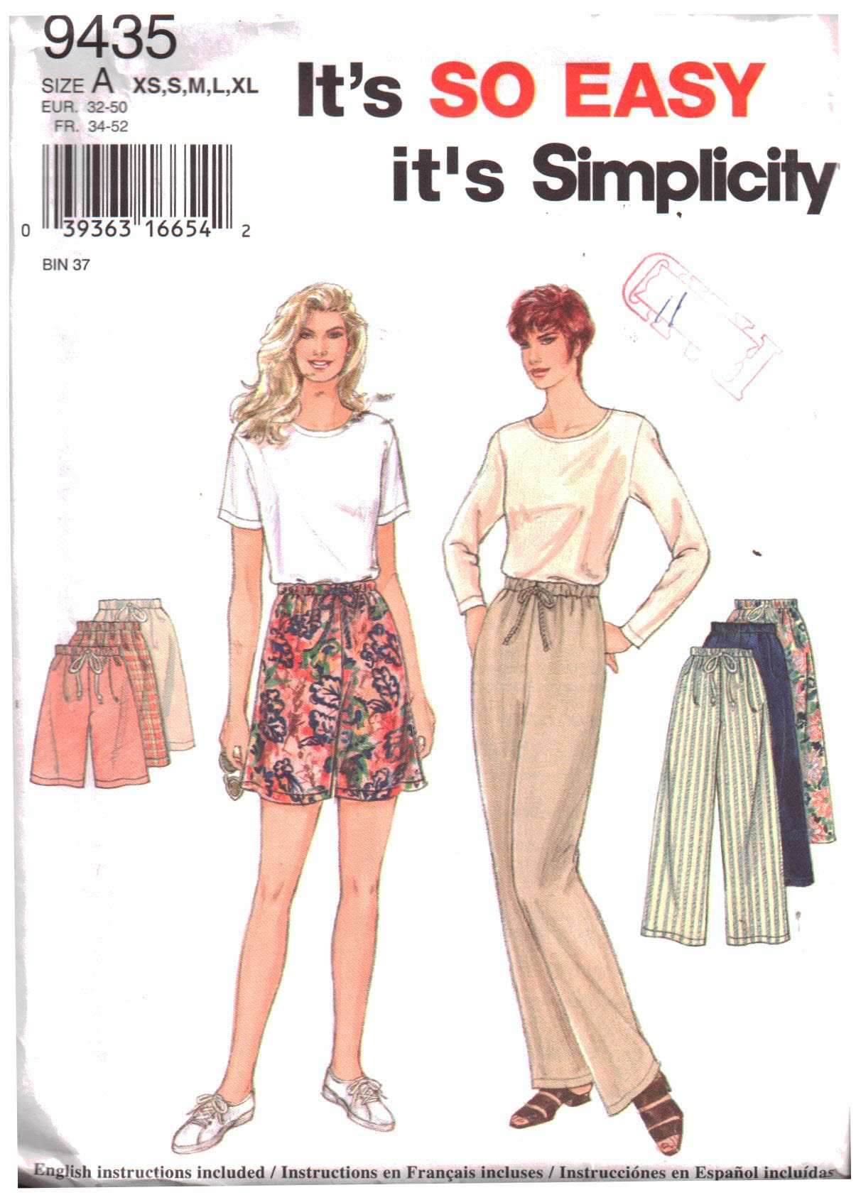 Simplicity 9435 Pants, Shorts Size: A XS-XL Uncut Sewing Pattern