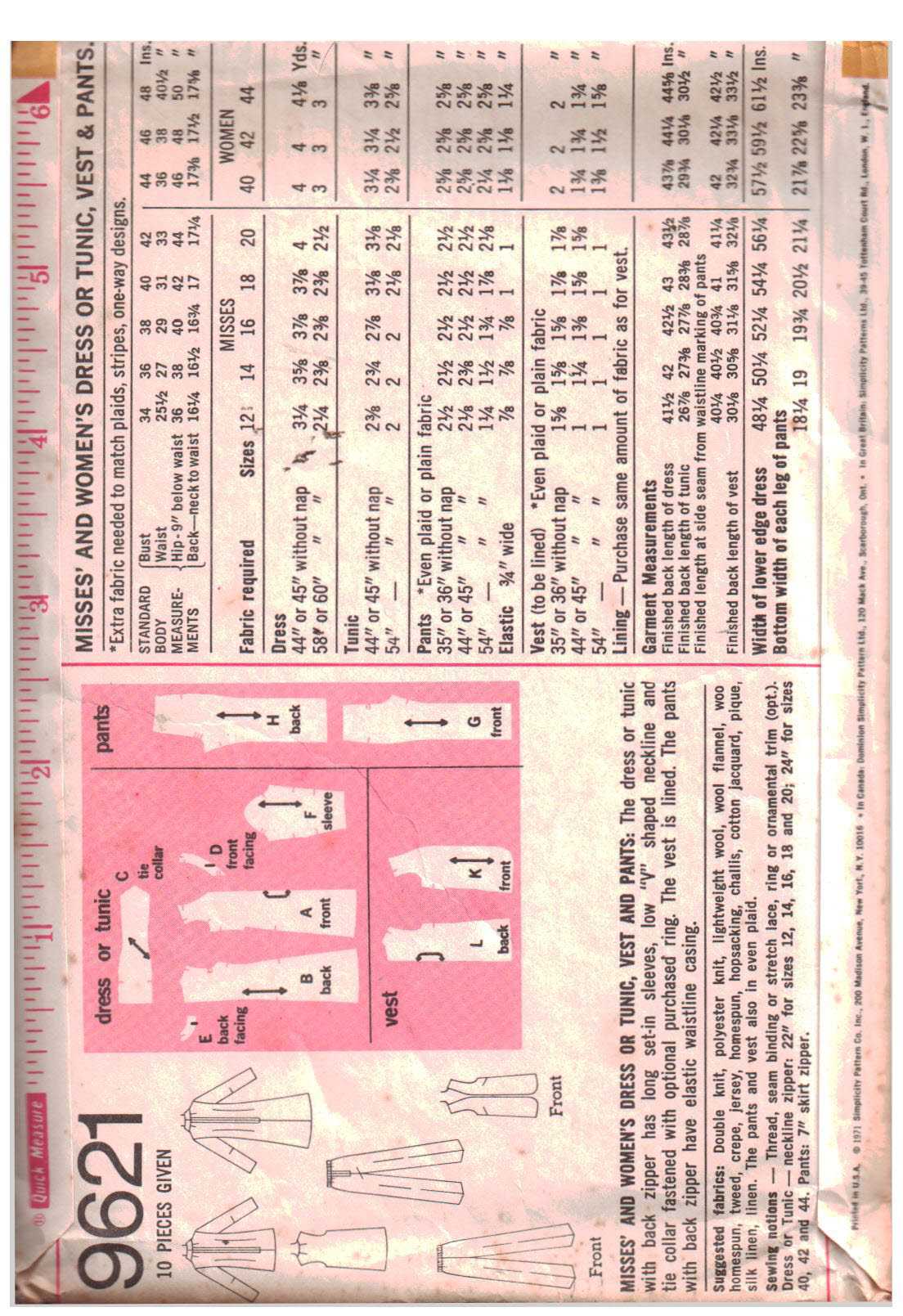 Simplicity 9621 Dress, Tunic, Vest, Pants Size: 12 Bust 34 Used Sewing Pattern - Image 2