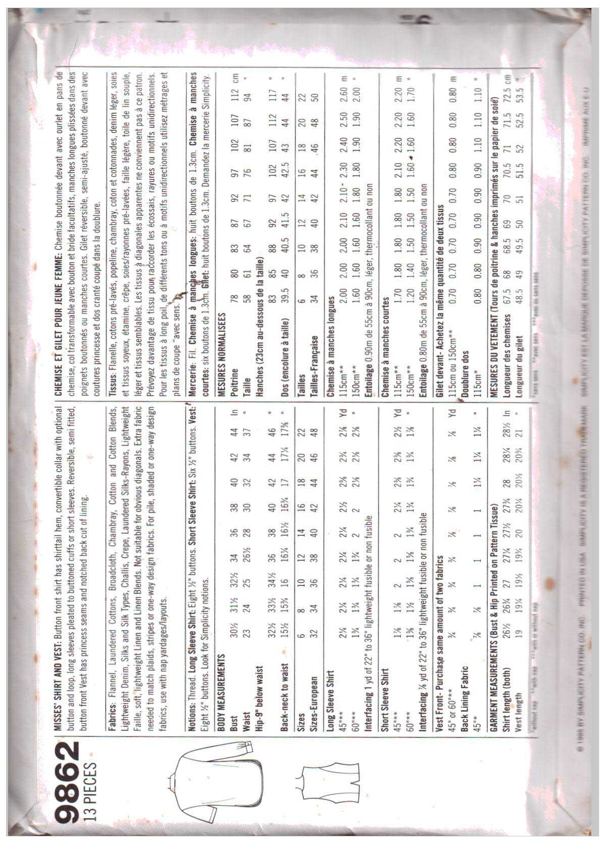 Simplicity 9862 Shirt, Vest Size: P 12-14-16 Uncut Sewing Pattern - Image 2