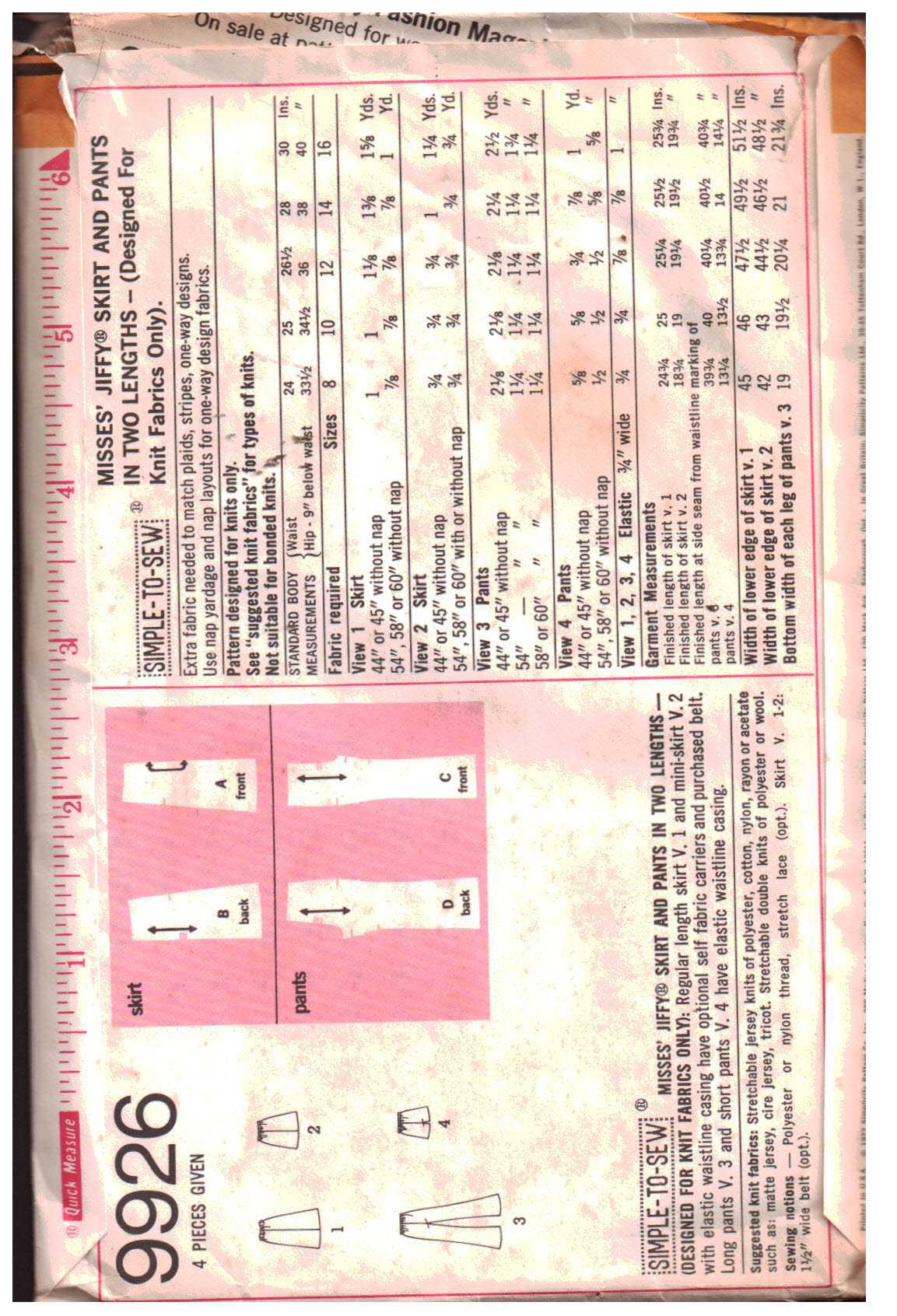 Simplicity 9926 Skirt, Pants Size: 12 Waist 26.5 Used Sewing Pattern - Image 2