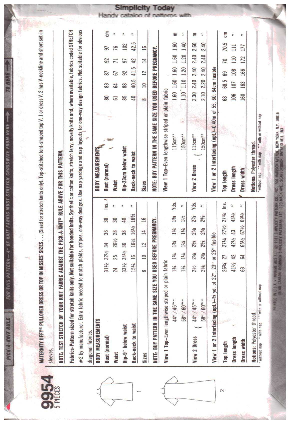 Simplicity 9954 Maternity Dress, Top Size: 10 Uncut Sewing Pattern - Image 2