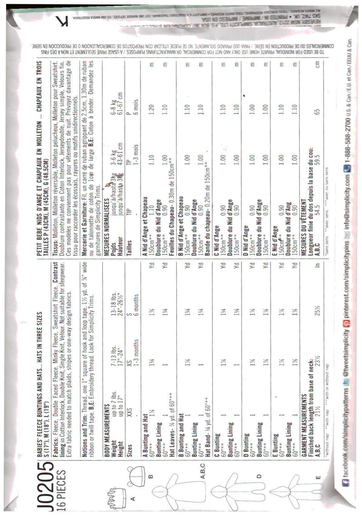 Simplicity J0205 Infant's Bunting, Hat Size: XXS-S Uncut Sewing Pattern - Image 2