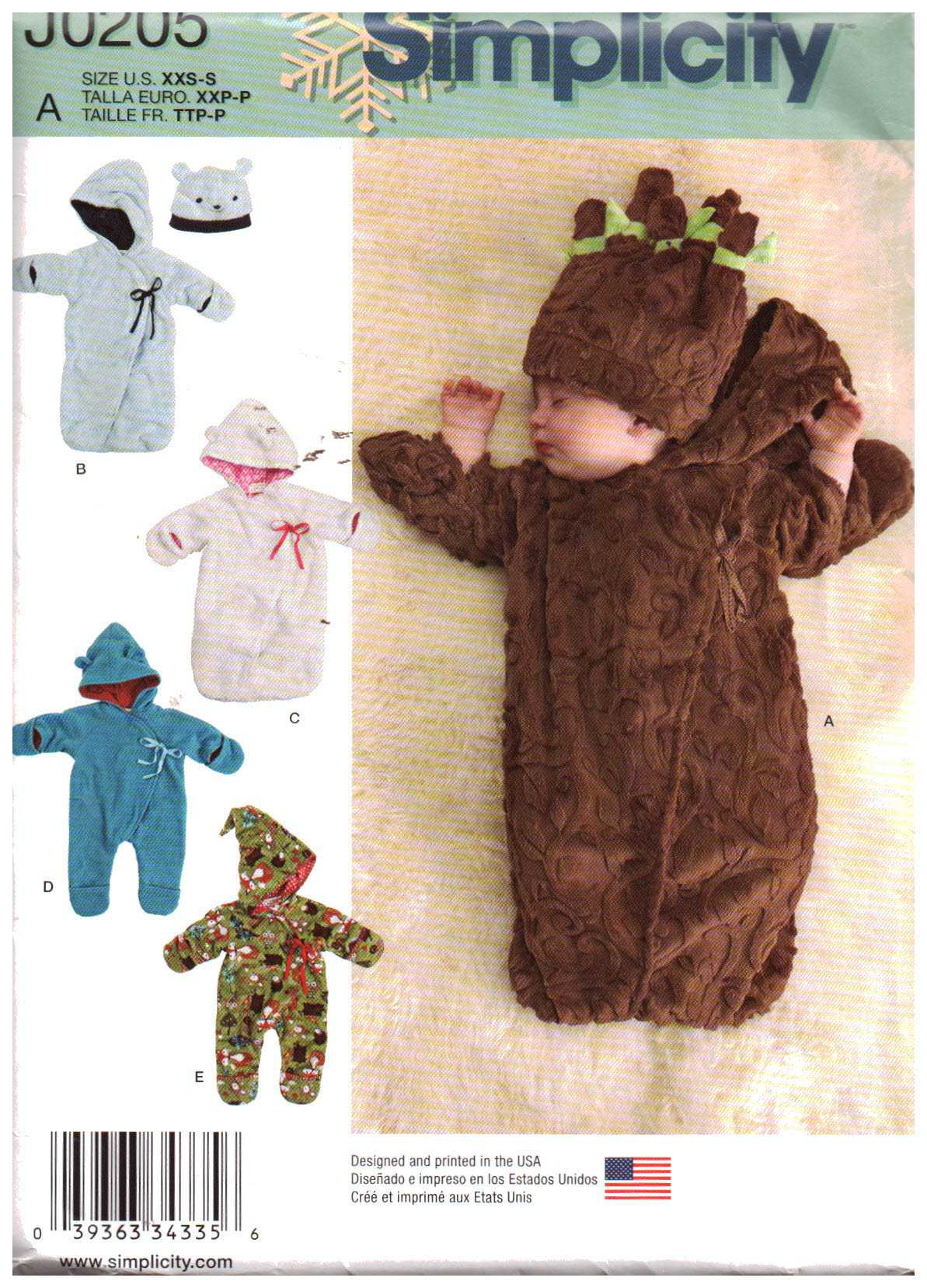 Simplicity J0205 Infant's Bunting, Hat Size: XXS-S Uncut Sewing Pattern