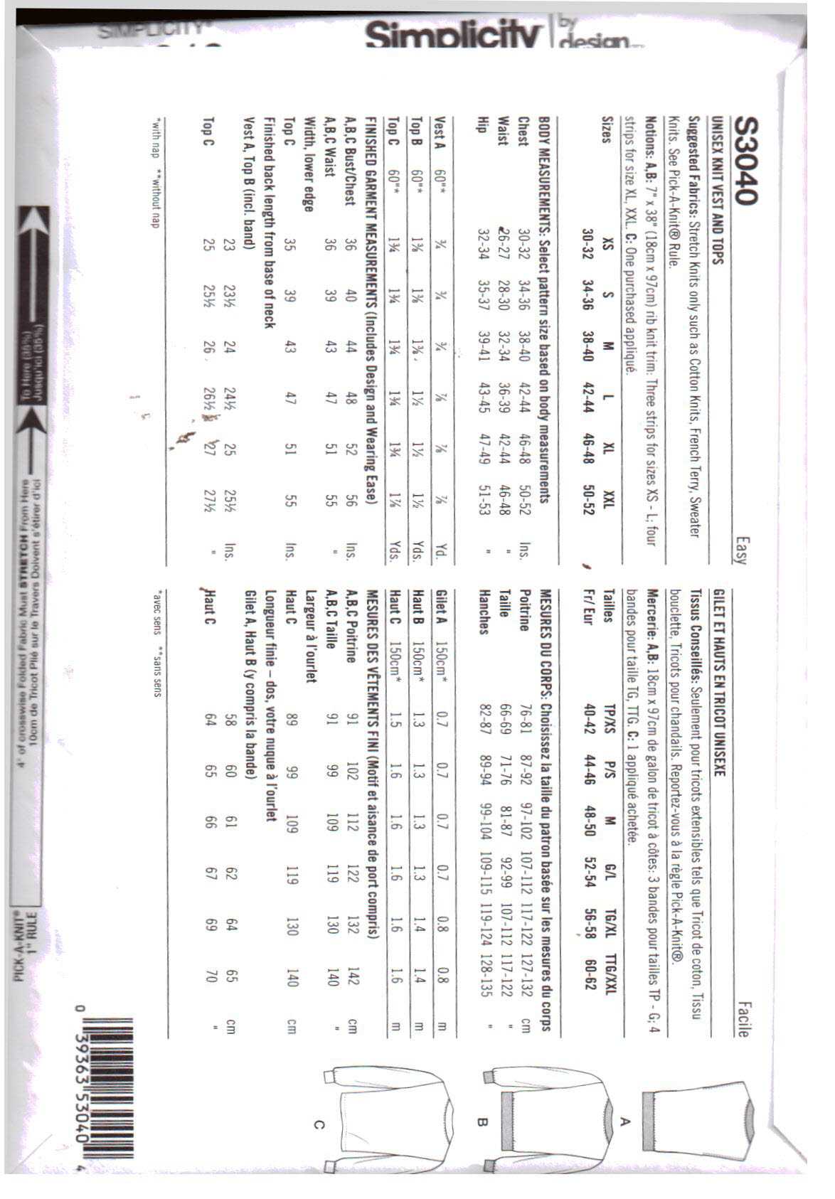 Simplicity S3040 Unisex Vest, Top Size: XS-XXL Uncut Sewing Pattern - Image 2