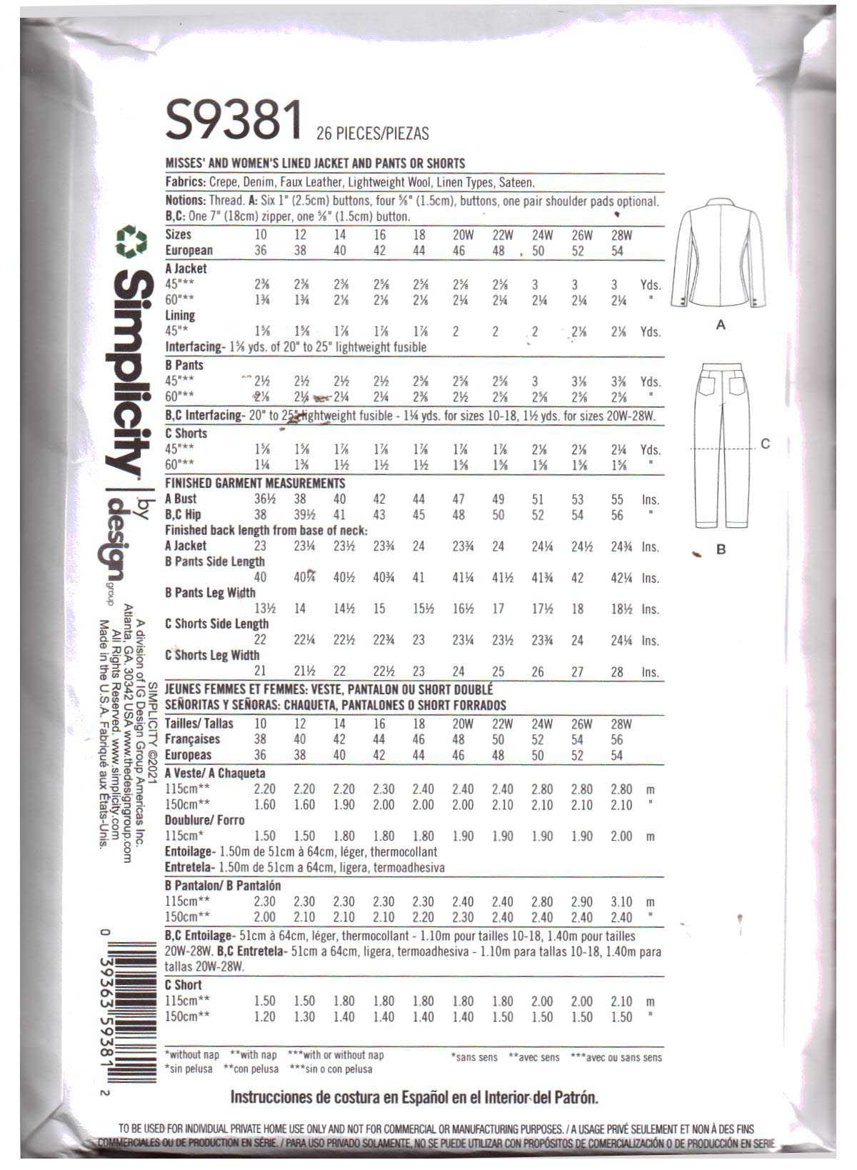 Simplicity S9381 Jacket, Pants, Shorts Size: AA 10-18 Uncut Sewing Pattern - Image 2