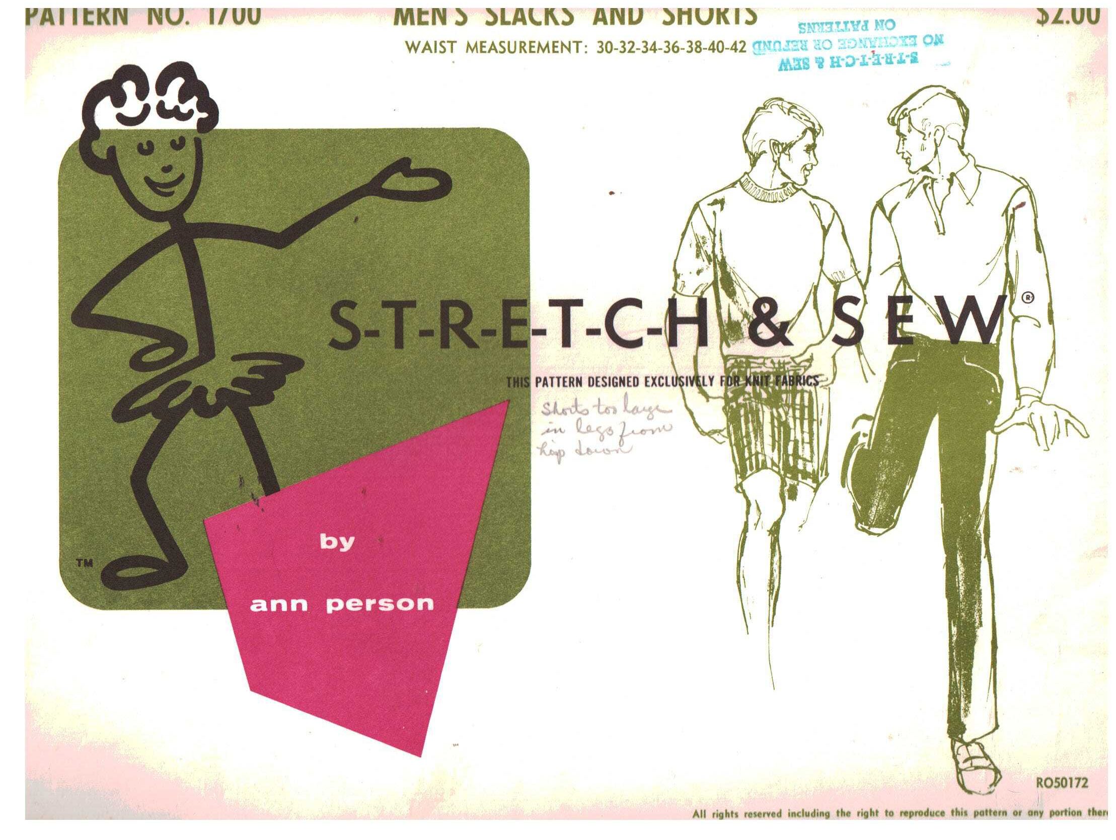 Stretch & Sew 1700 Men's Pants, Shorts Size: 30-42 Uncut Sewing Pattern
