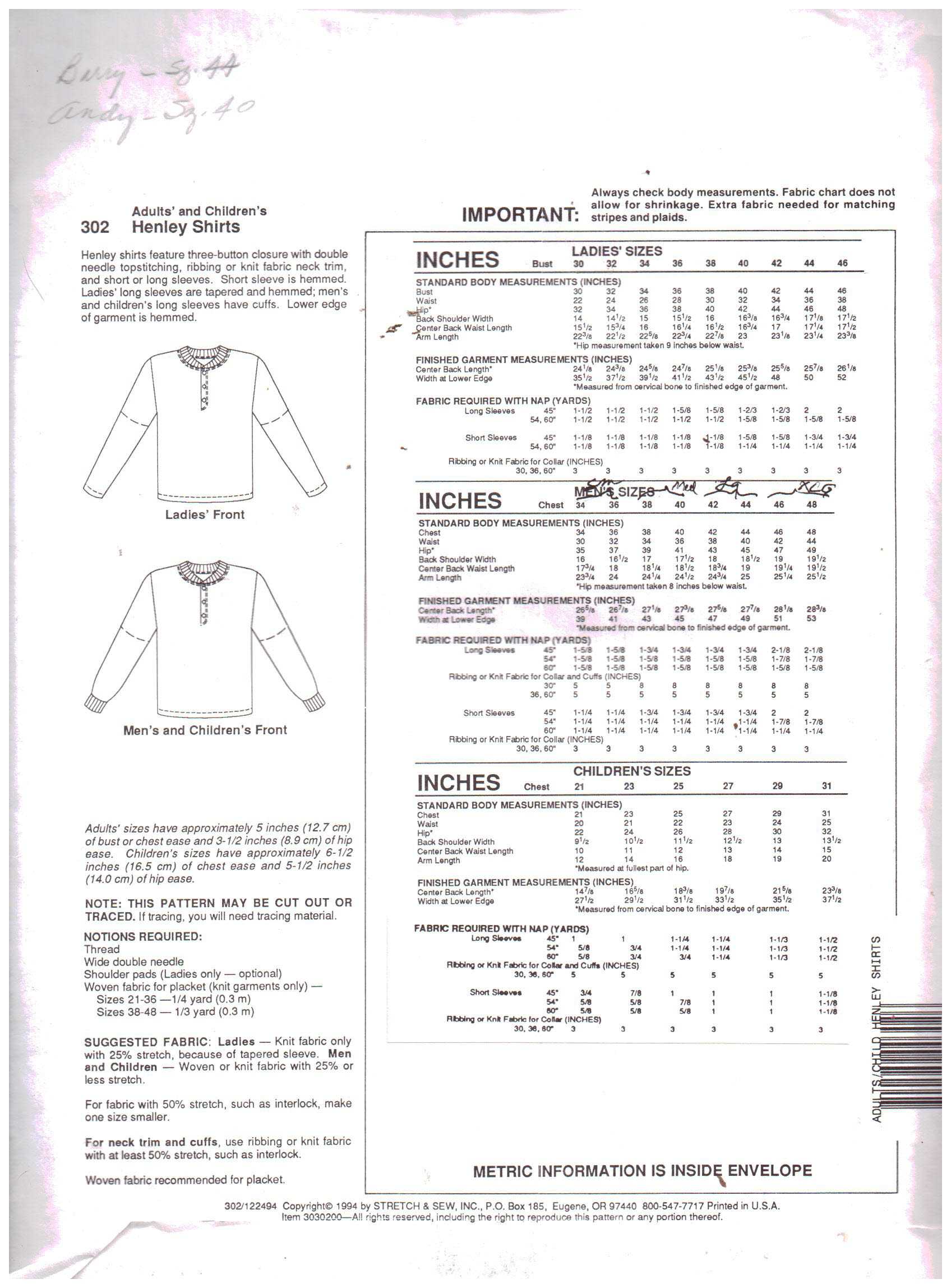 Stretch & Sew 302 Adult and Child's Henley Shirt Size: 3-46, 34-48, 21-31 Uncut Sewing Pattern - Image 2