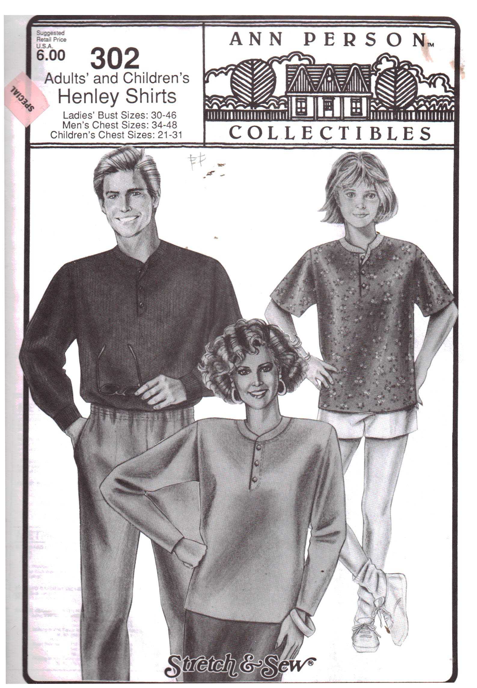 Stretch & Sew 302 Adult and Child's Henley Shirt Size: 3-46, 34-48, 21-31 Uncut Sewing Pattern