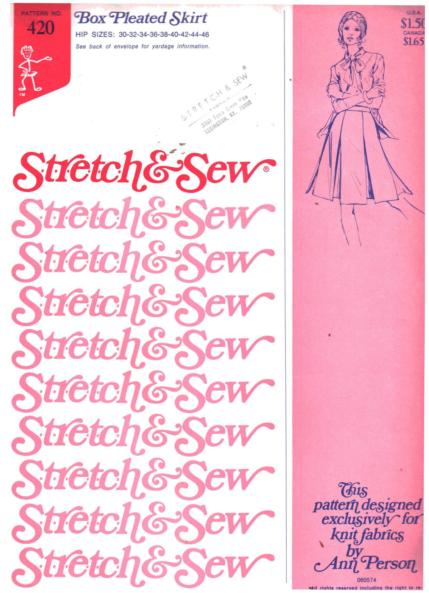 Stretch & Sew 420 Box Pleat Skirt Size: 30-46 Uncut Sewing Pattern