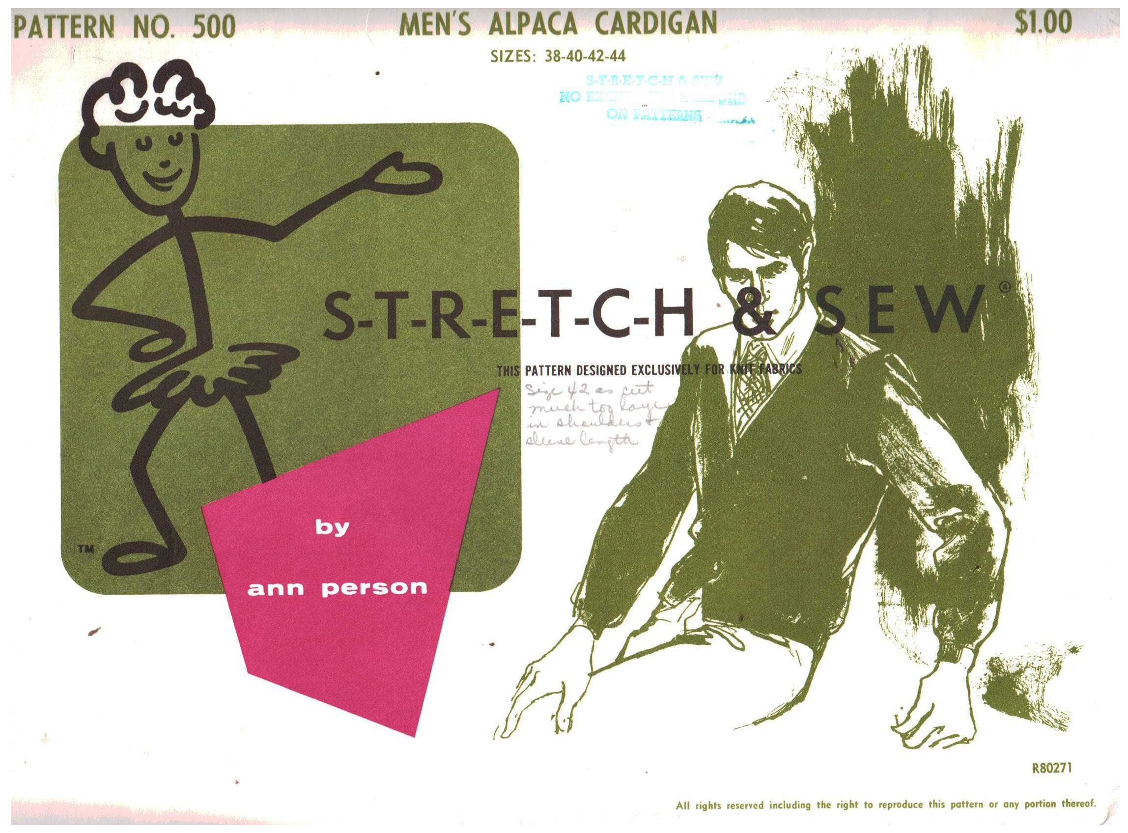 Stretch & Sew 500 Men's Alpaca Cardigan Size: 38-44 Uncut Sewing Pattern