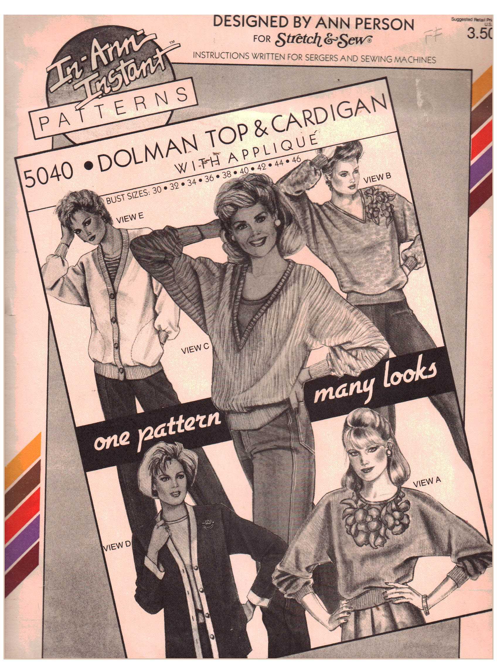 Stretch & Sew 5040 Dolman Top, Cardigan Size: 30-46 Uncut Sewing Pattern