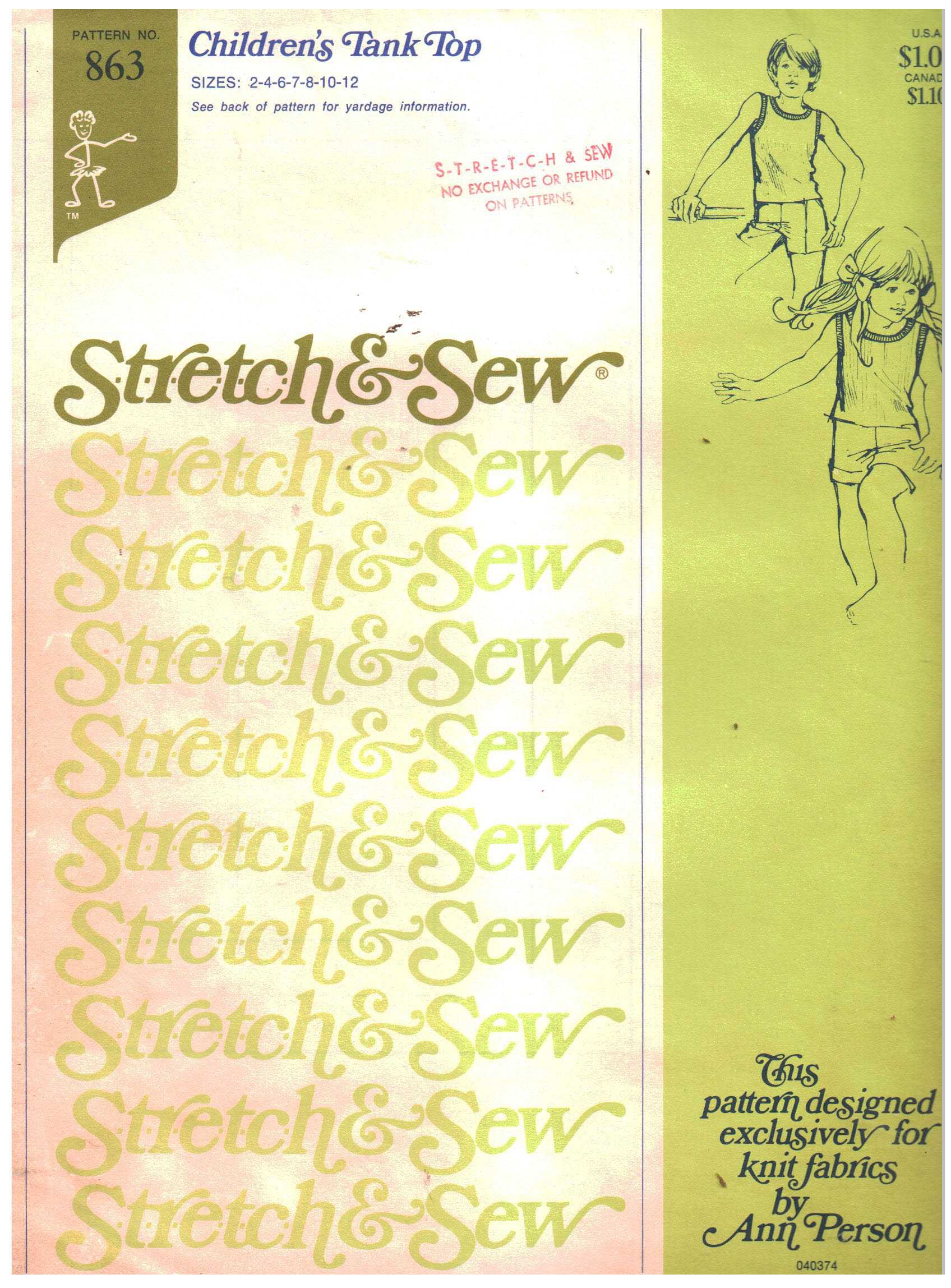Stretch & Sew 863 Child's Tank Top Size: 2-12 Uncut Sewing Pattern