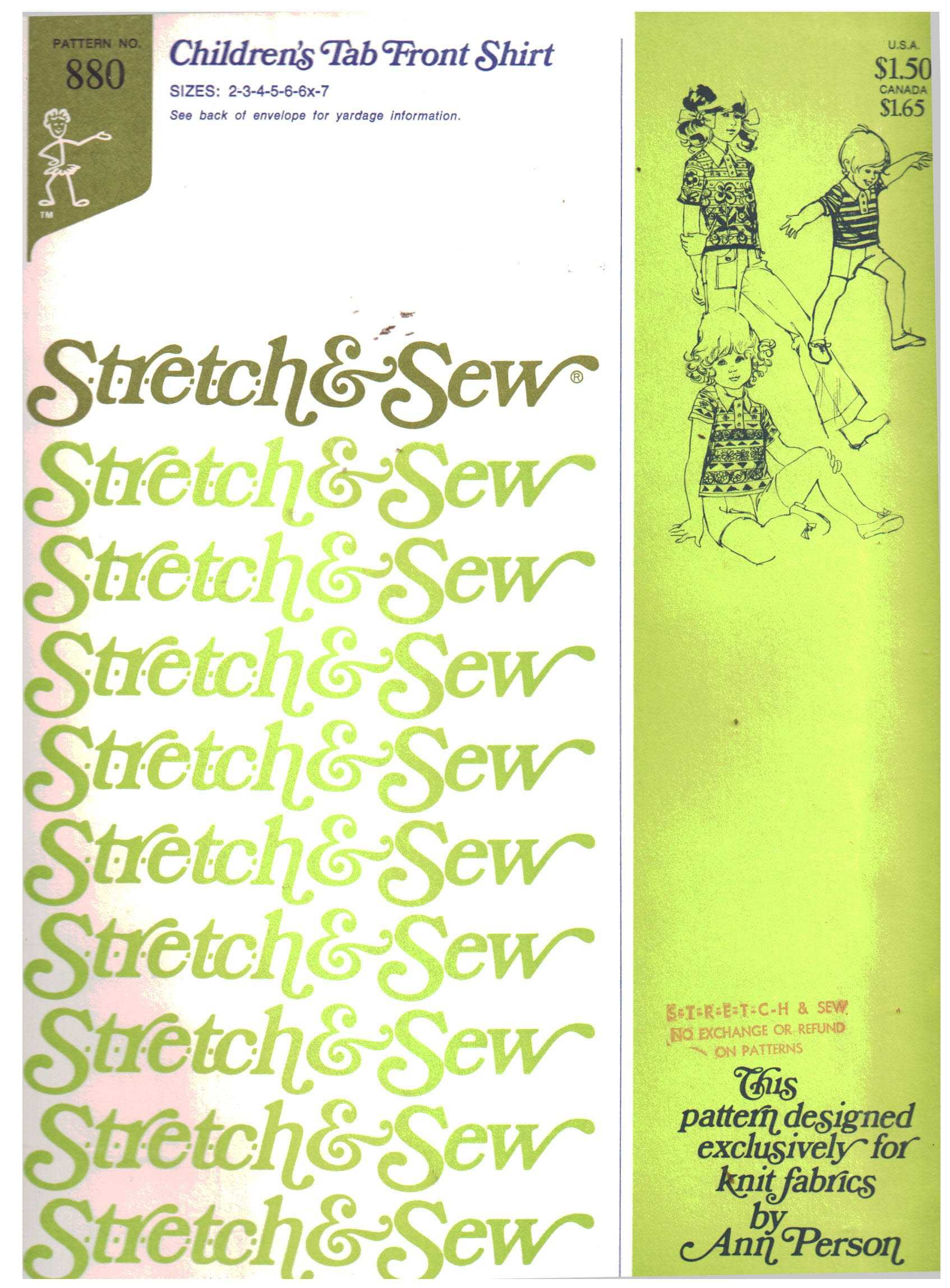 Stretch & Sew 880 Child's Tab Front Shirt Size: 1-7 Uncut Sewing Pattern