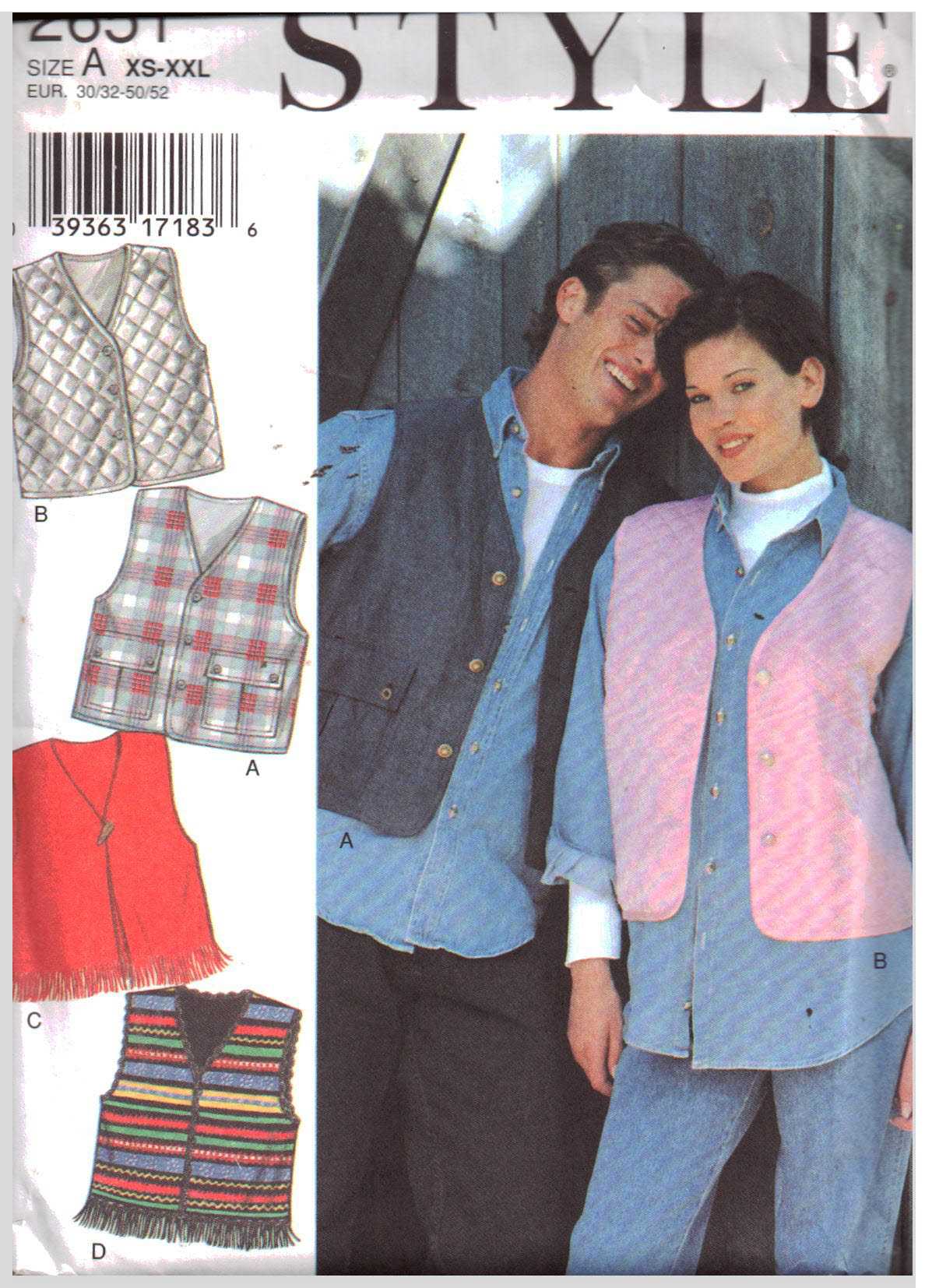 Style 2651 Unisex Vest Size: A XS-XXL Uncut Sewing Pattern