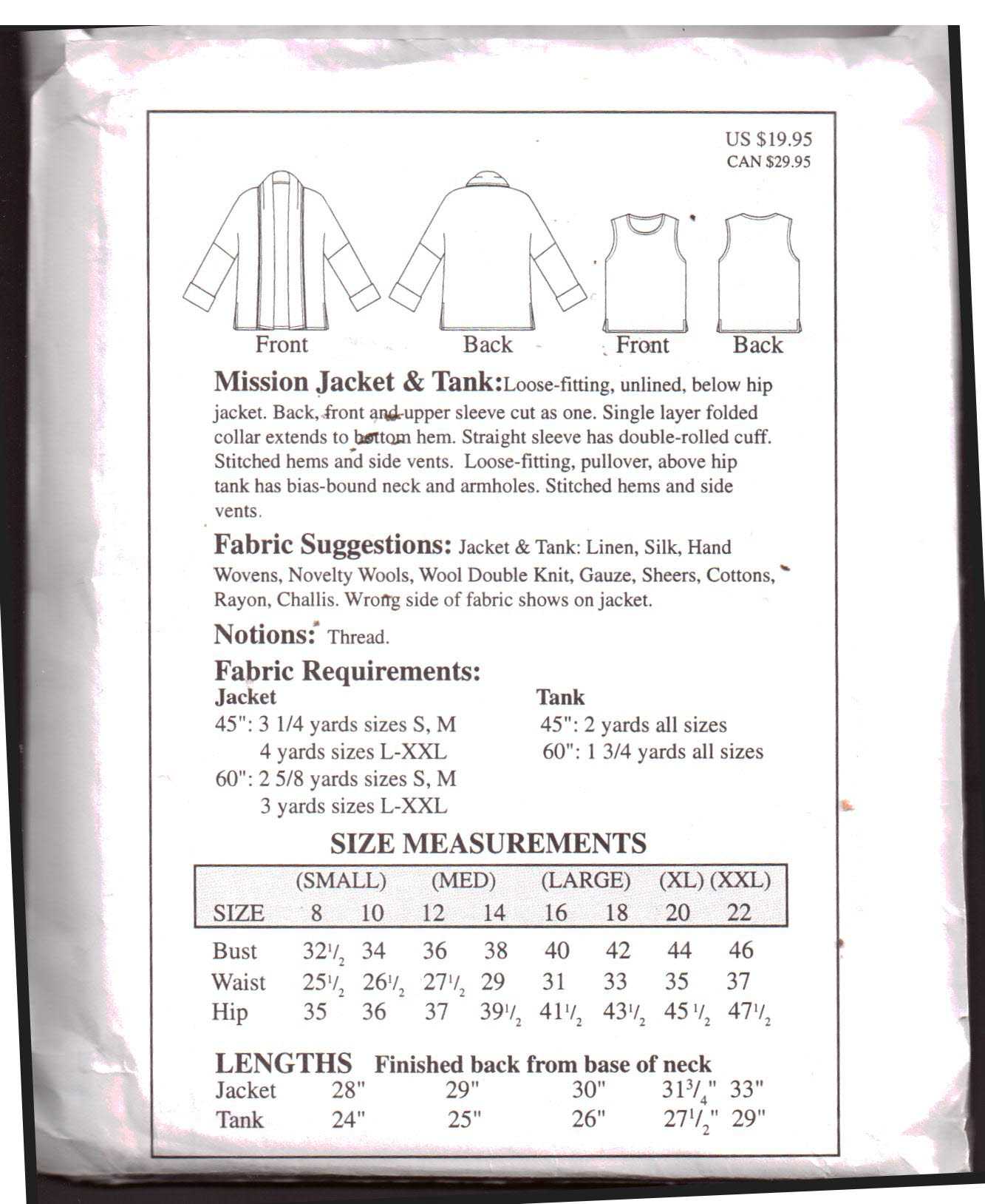 The Sewing Workshop Mission Jacket, Tank Size: S-XXL Used Sewing Pattern - Image 2