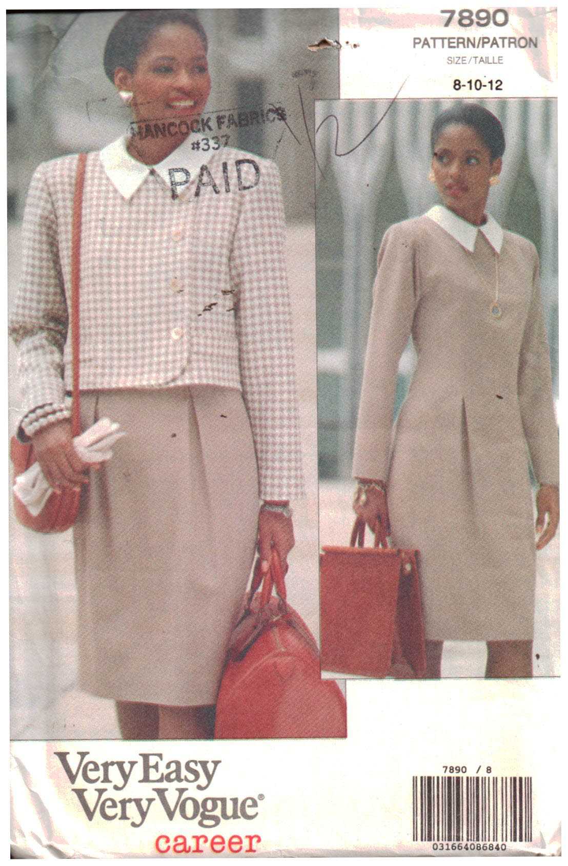 Vogue 7890 Jacket, Dress Size: 8-10-12 Used Sewing Pattern