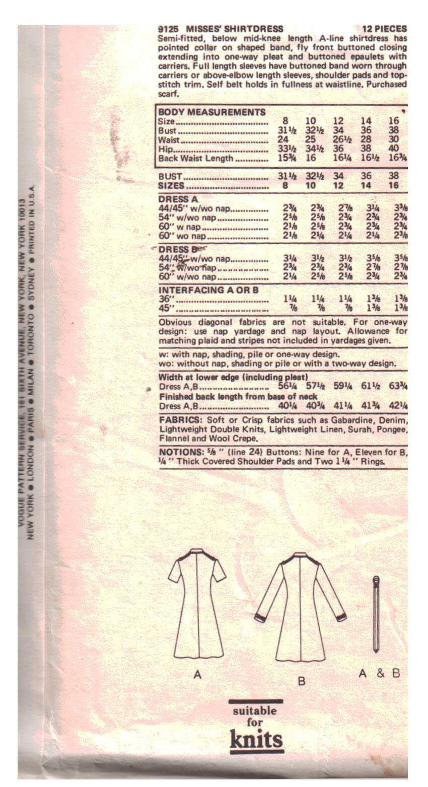 Vogue 9125 Shirtdress Size: 12 Uncut Sewing Pattern - Image 2