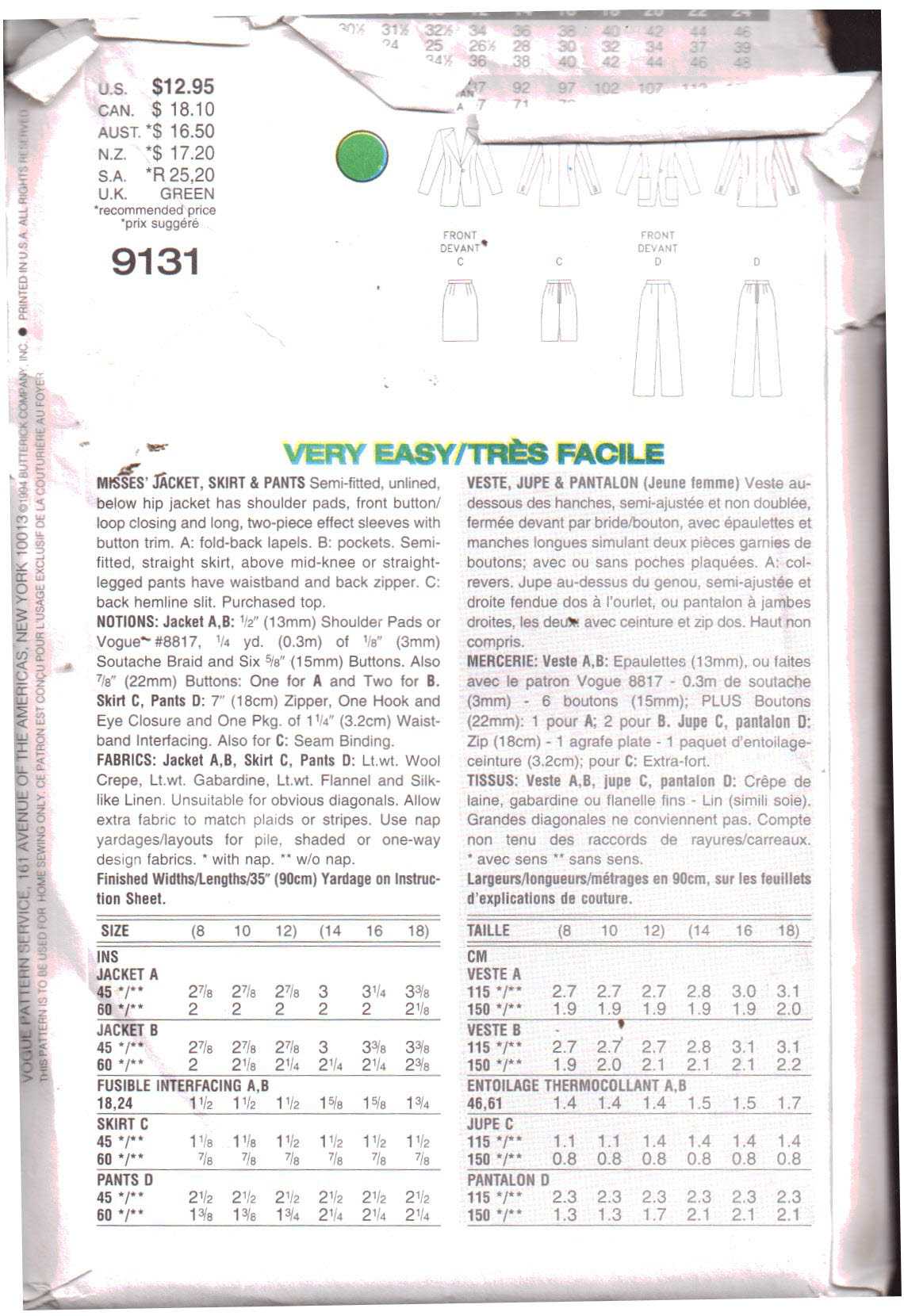 Vogue 9131 Jacket, Pants, Skirt Size: 14-16-18 Uncut Sewing Pattern - Image 2