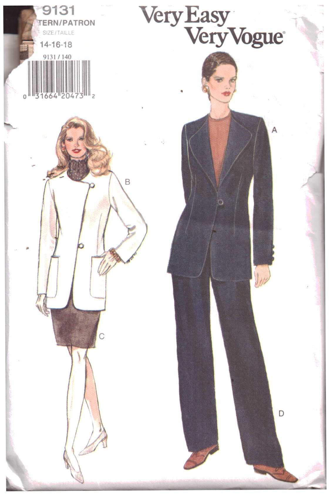 Vogue 9131 Jacket, Pants, Skirt Size: 14-16-18 Uncut Sewing Pattern