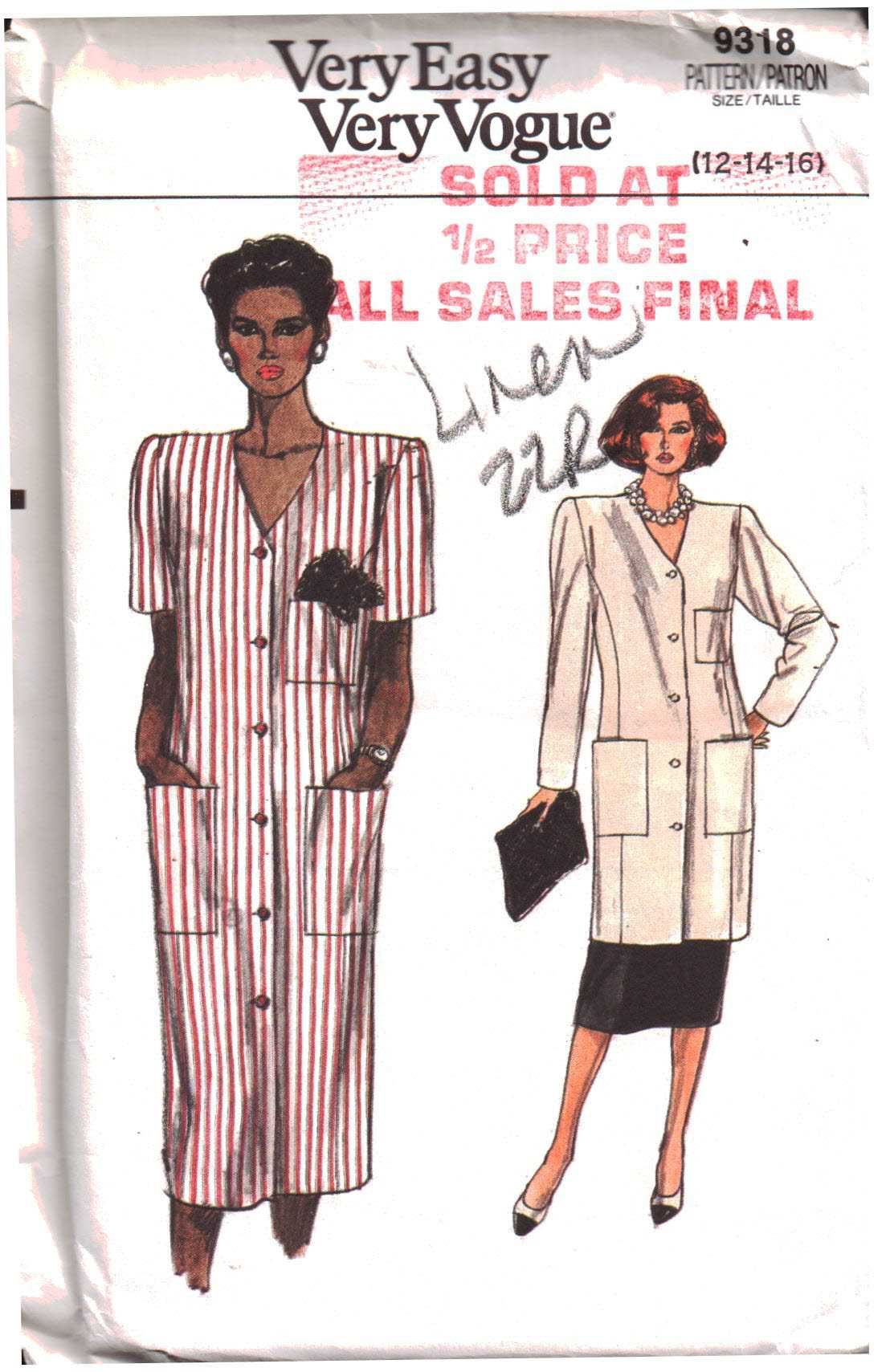 Vogue 9318 Dress, Tunic, Skirt Size: 12-14-16 Uncut Sewing Pattern
