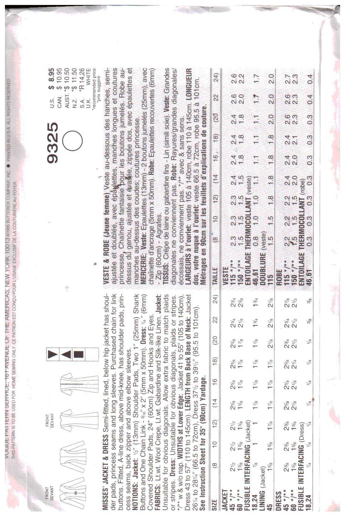 Vogue 9325 Jacket, Dress Size: 8-10-12 Uncut Sewing Pattern - Image 2