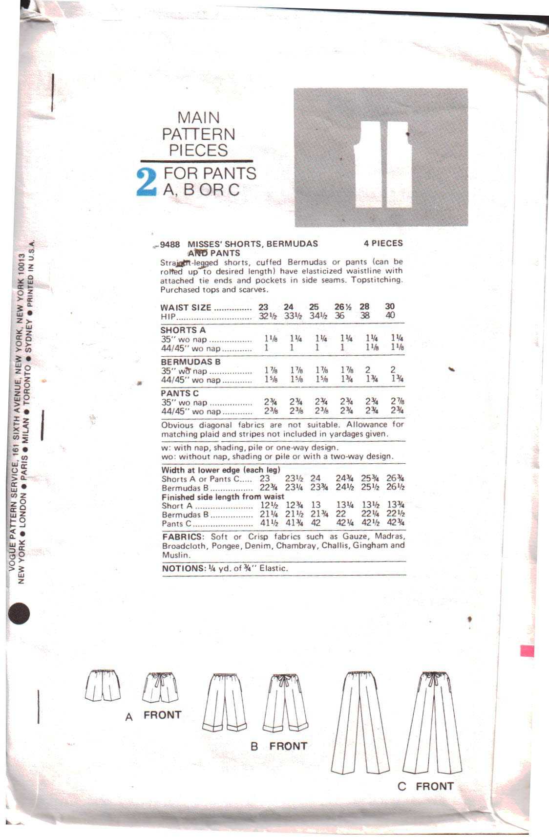Vogue 9488 Shorts, Bermudas, Pants Size: 25 Used Sewing Pattern - Image 2