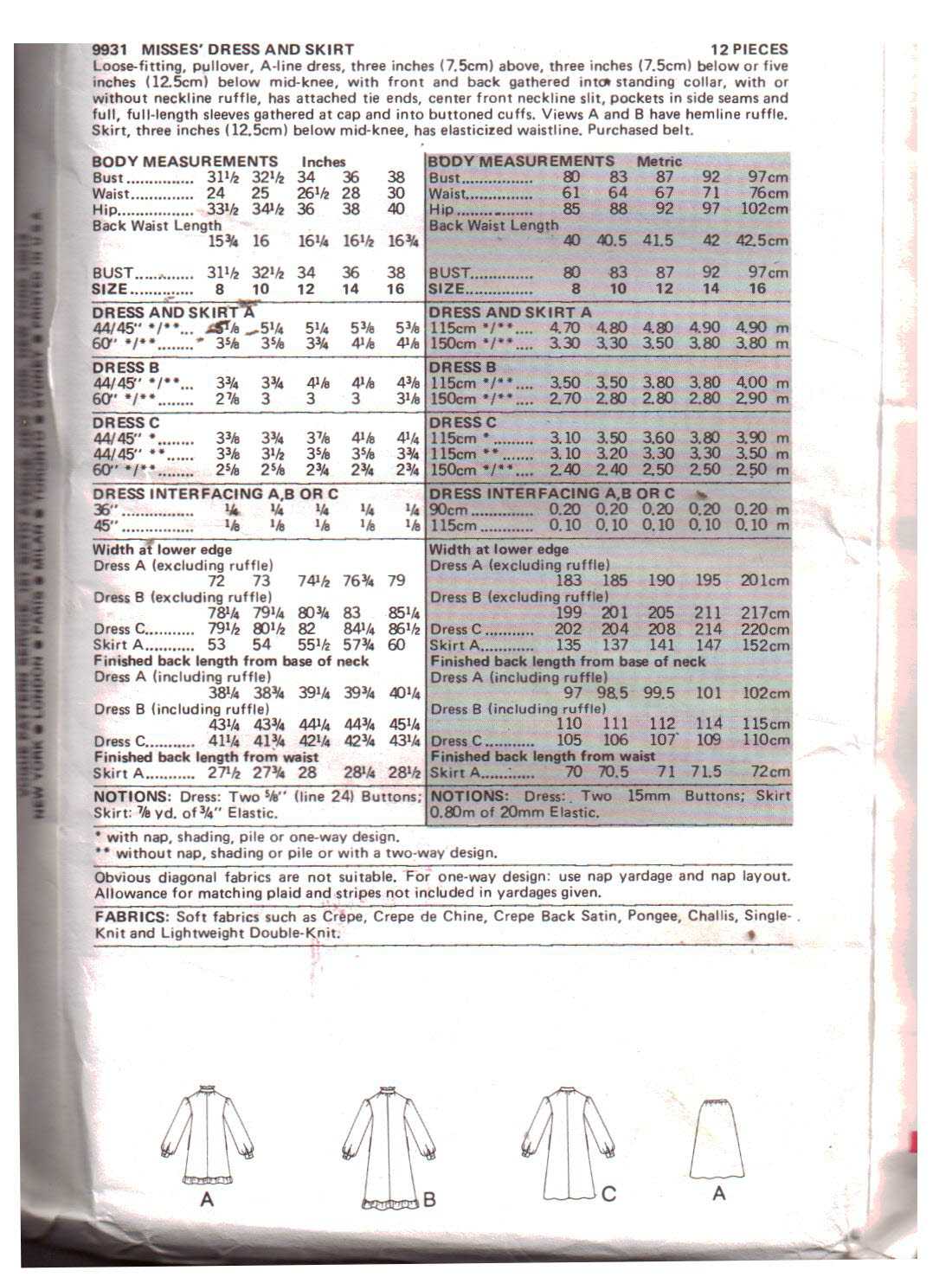Vogue 9931 Dress, Skirt Size: 10 Uncut Sewing Pattern - Image 2