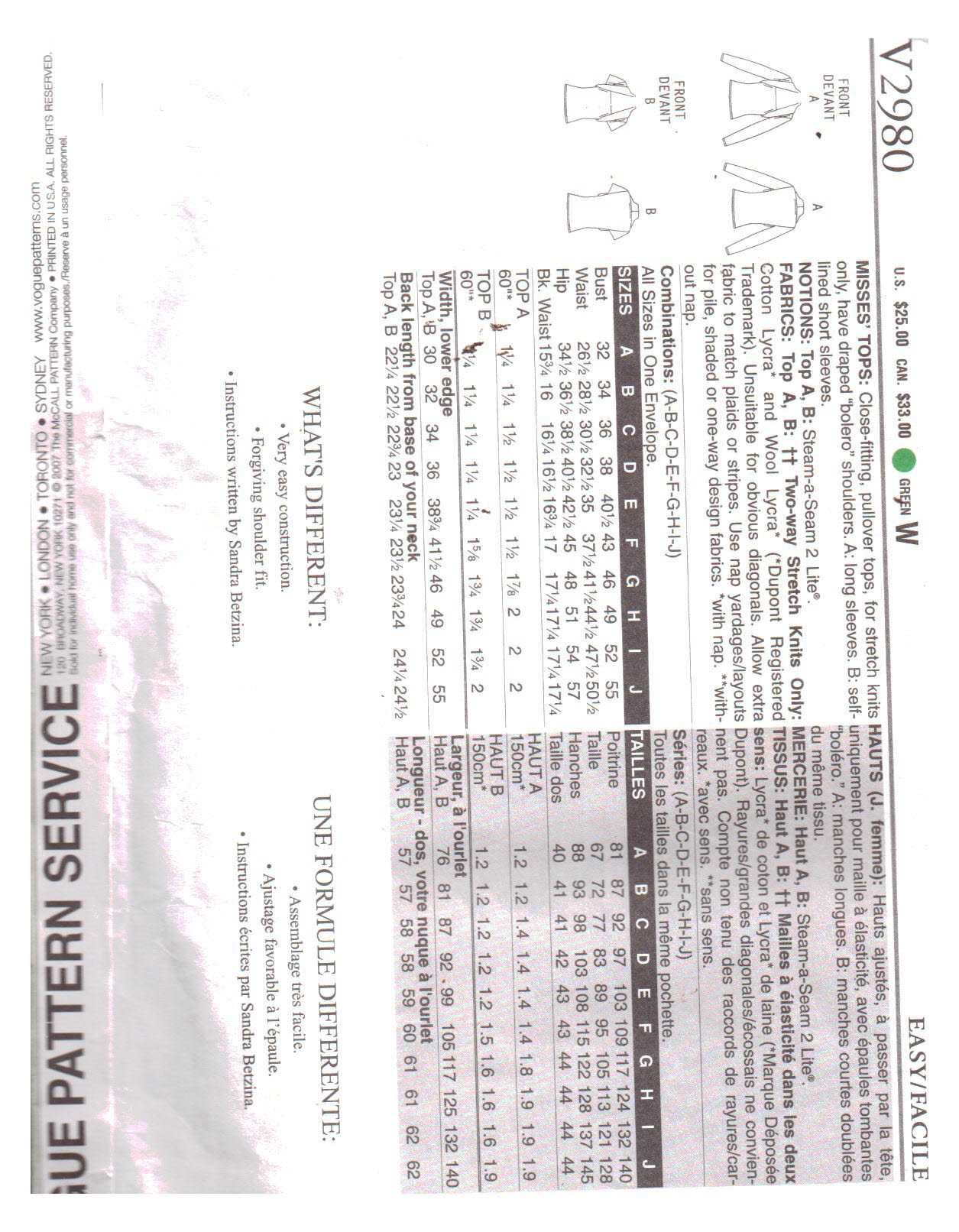 Vogue V2980 Tops Size: OSZ Used Sewing Pattern - Image 2