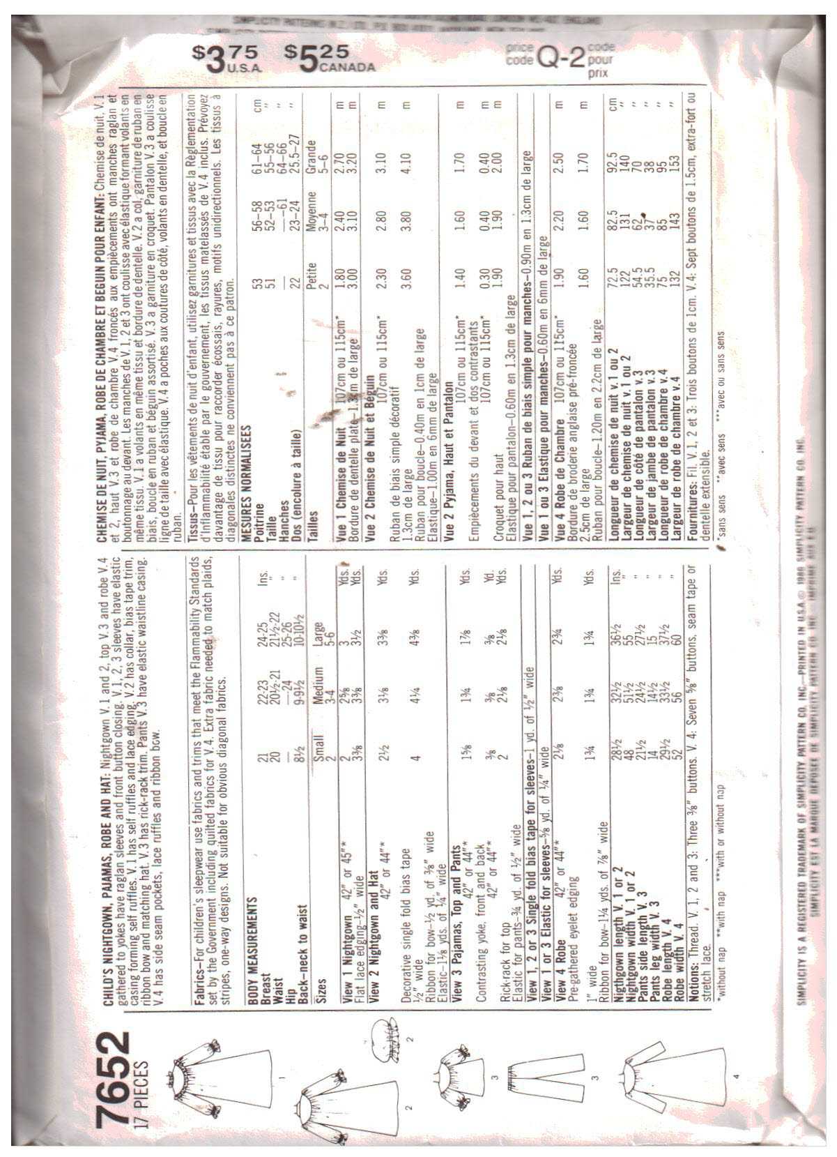 Simplicity 7652 Girl's Nightgown, Pajamas, Robe, Hat Size: SM or LG Uncut Sewing Pattern - Image 2