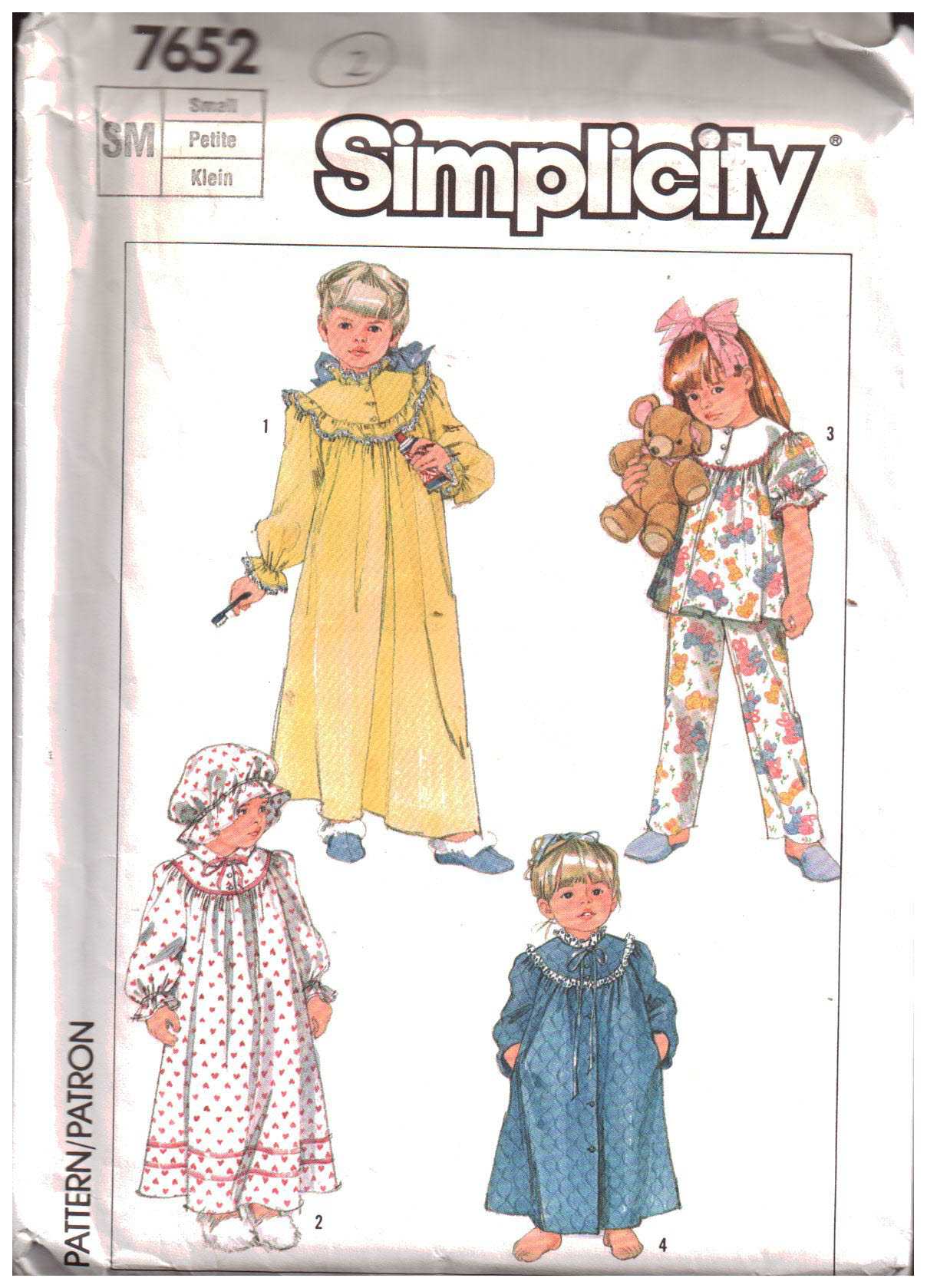 Simplicity 7652 Girl's Nightgown, Pajamas, Robe, Hat Size: SM or LG Uncut Sewing Pattern