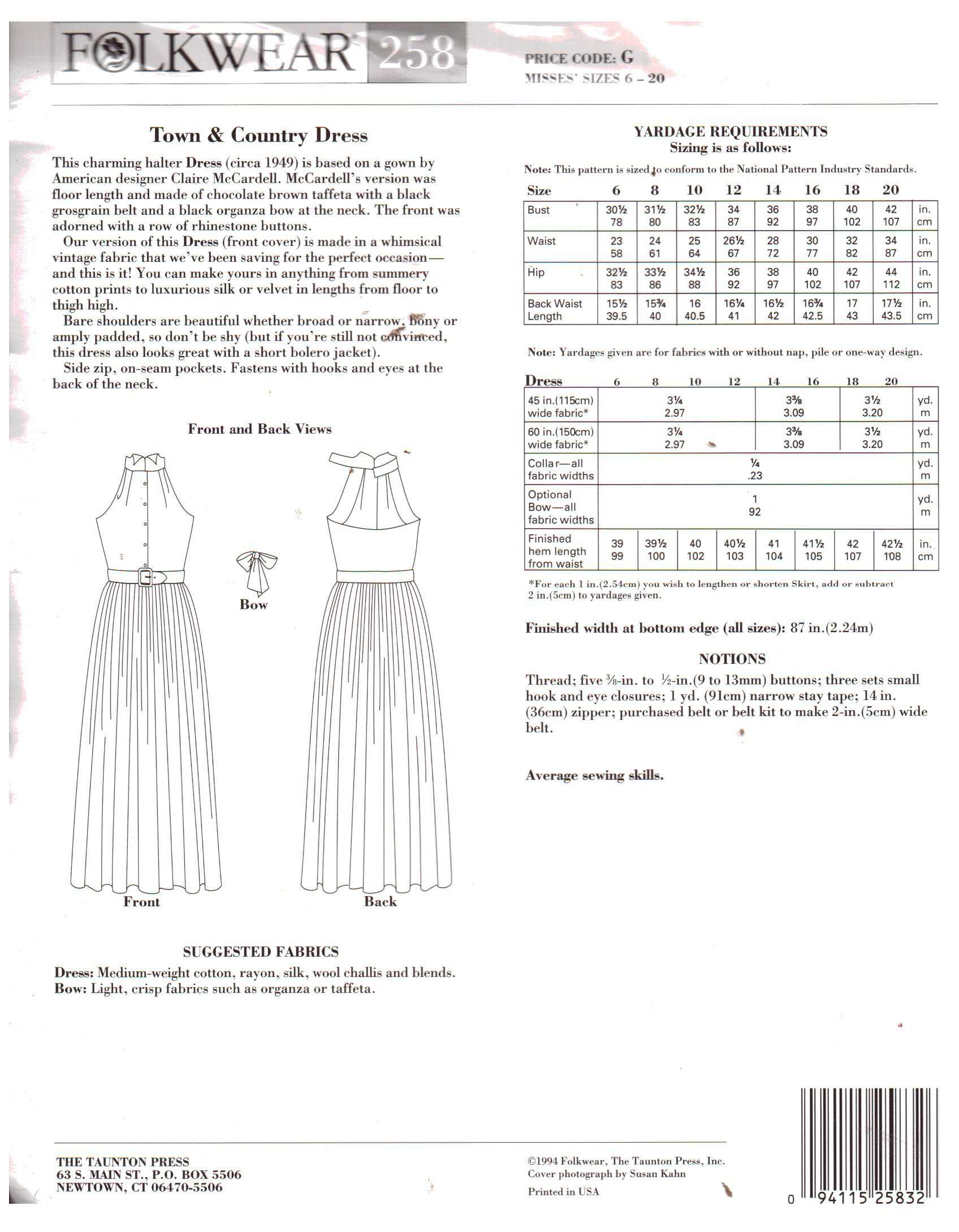 Folkwear 258 Town and Country Dress Size: 6-20 Uncut Sewing Pattern - Image 2