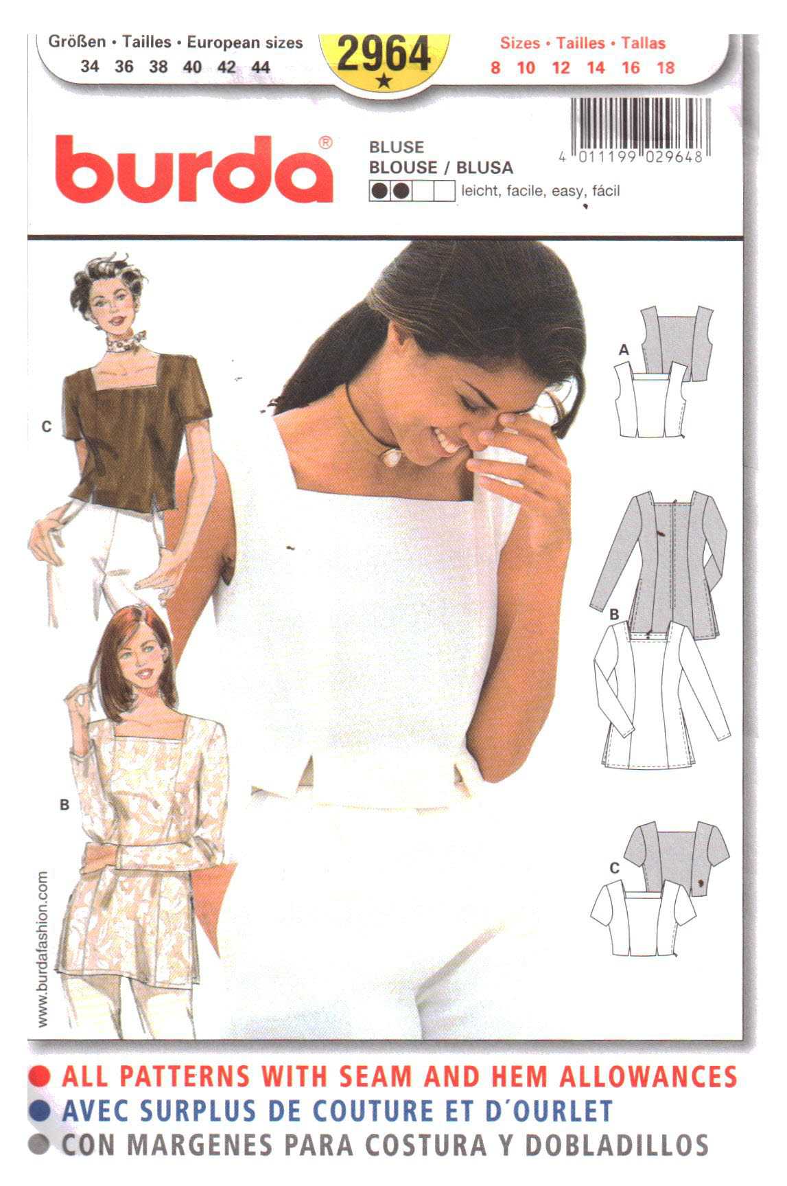 Burda 2964 Top Size: 8-20 Uncut Sewing Pattern