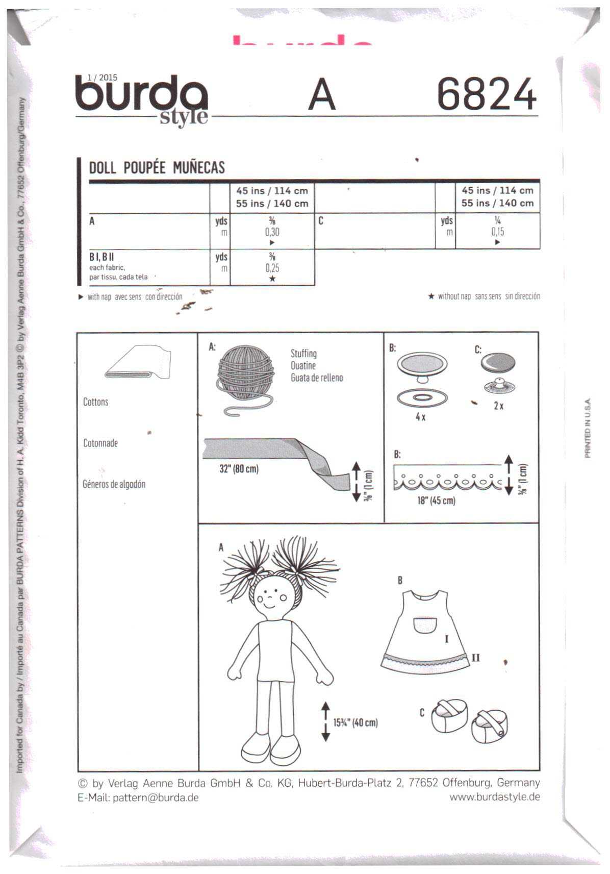 Burda 6824 Toy Doll and Clothes Size: 15.5" Uncut Sewing Pattern - Image 2