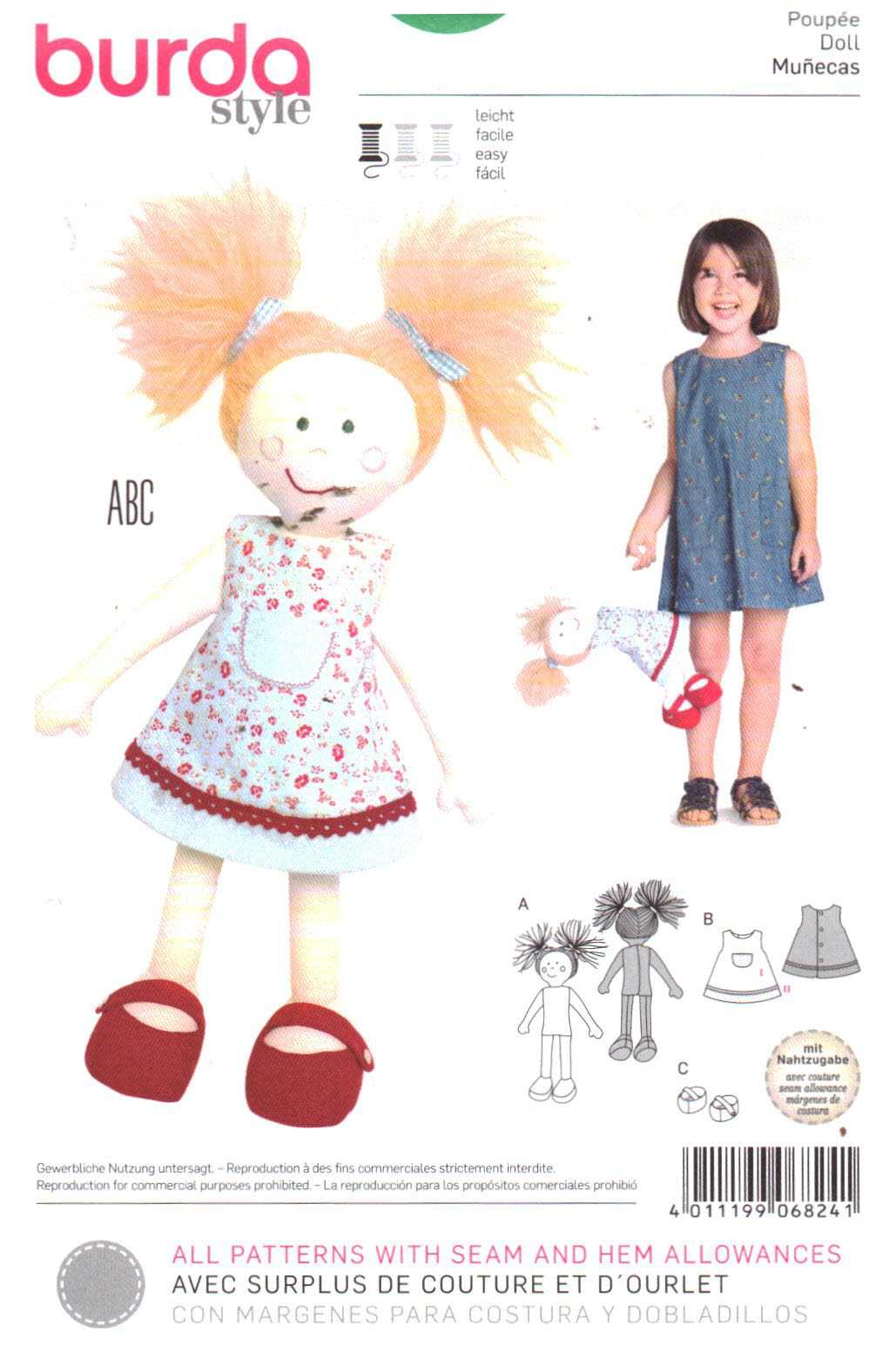 Burda 6824 Toy Doll and Clothes Size: 15.5" Uncut Sewing Pattern