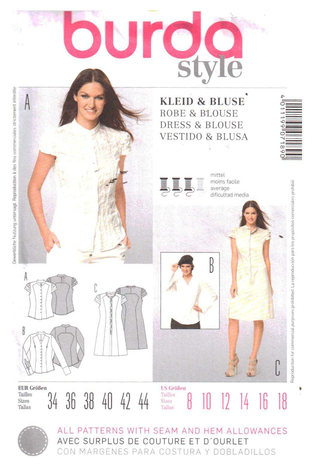 Burda 7189 Blouse, Dress Size: 8-18 Uncut Sewing Pattern