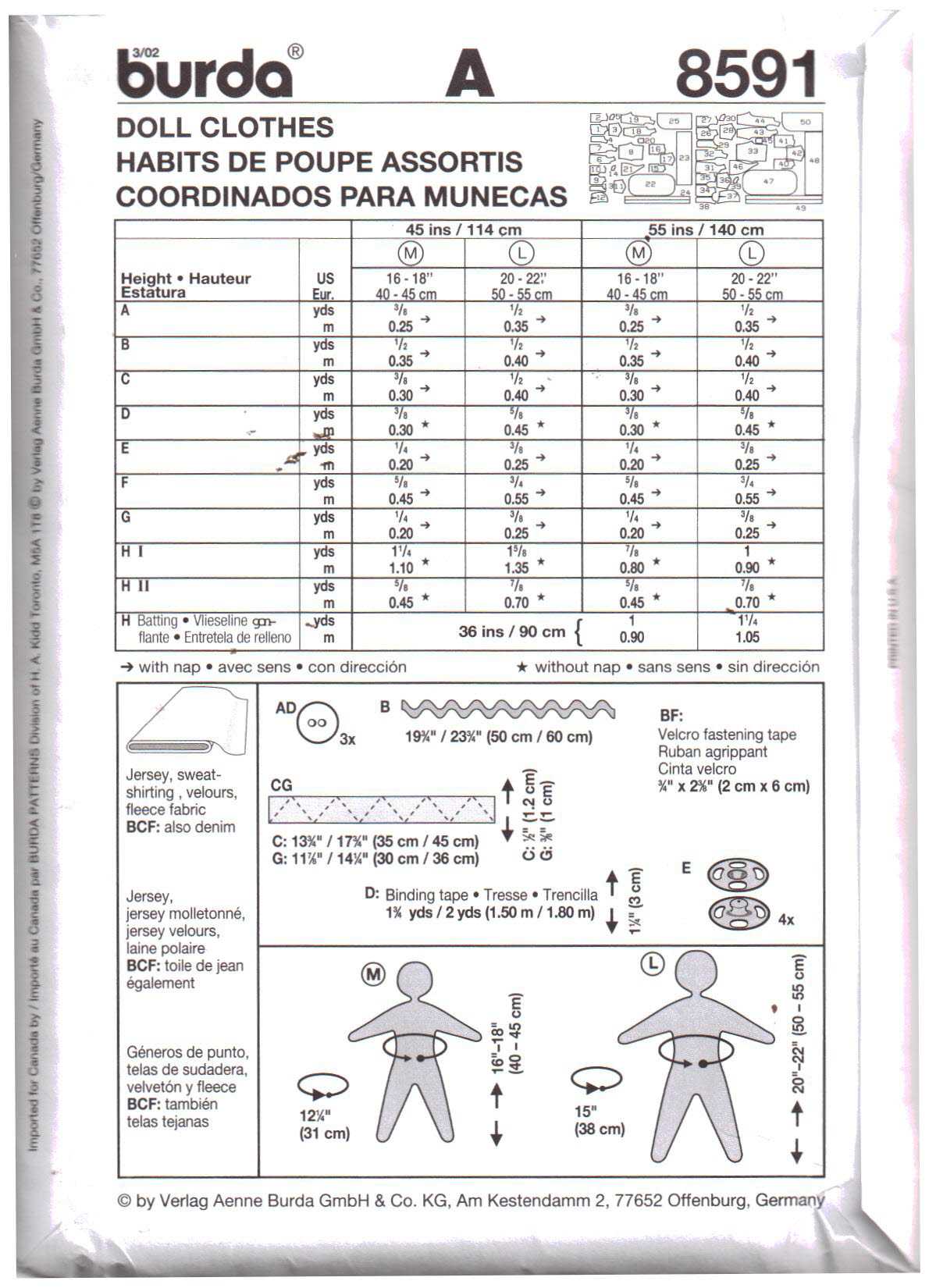 Burda 8591 Doll Clothes and Carrier Size: 16-18" Uncut Sewing Pattern - Image 2